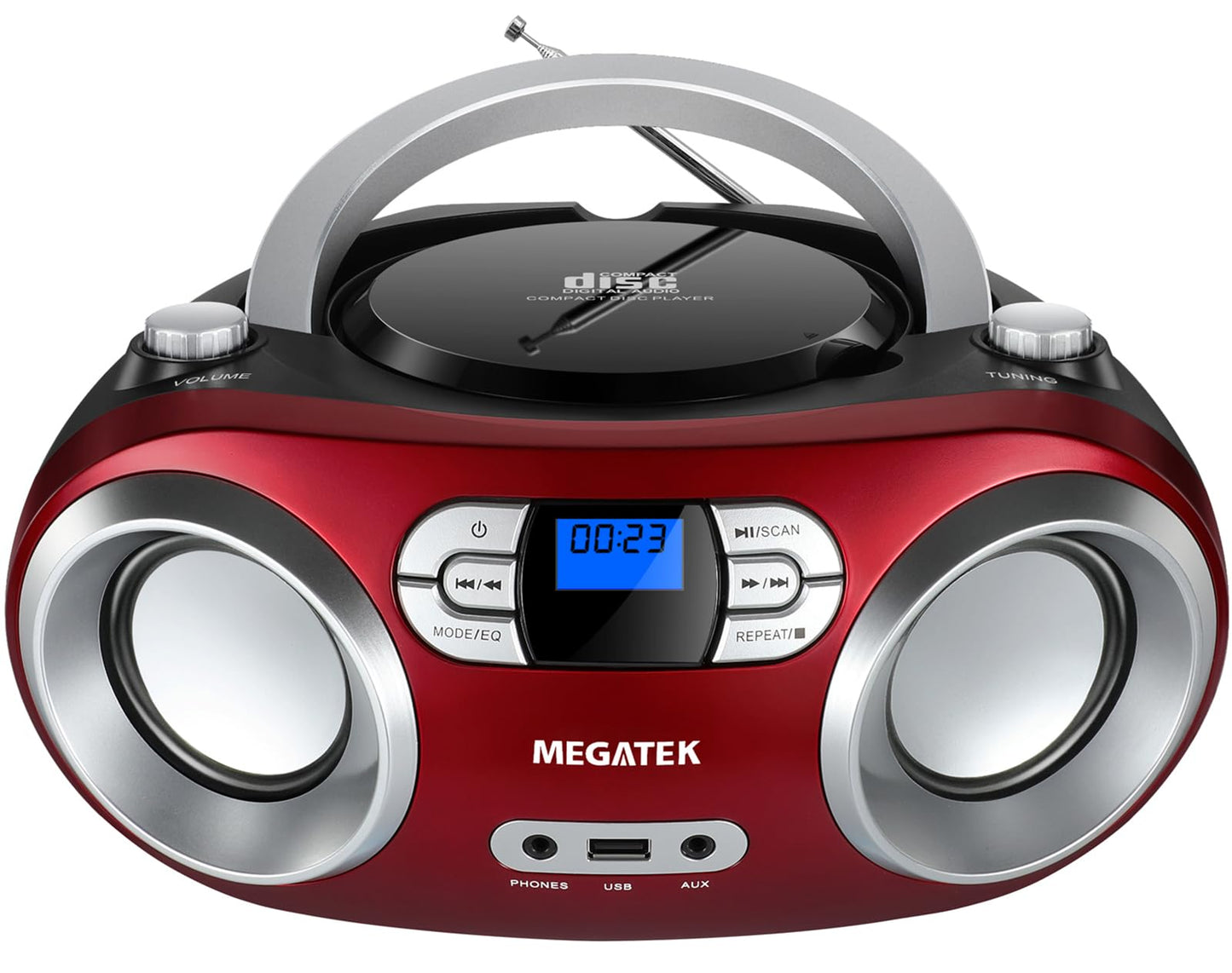 MEGATEK Portable CD Boombox with FM Stereo Radio, Bluetooth, USB Port, and Backlit LCD Display | CD-R/CD-RW/MP3-CD Compatible | AUX Input | Headphone Jack | Programmable CD Player - Black