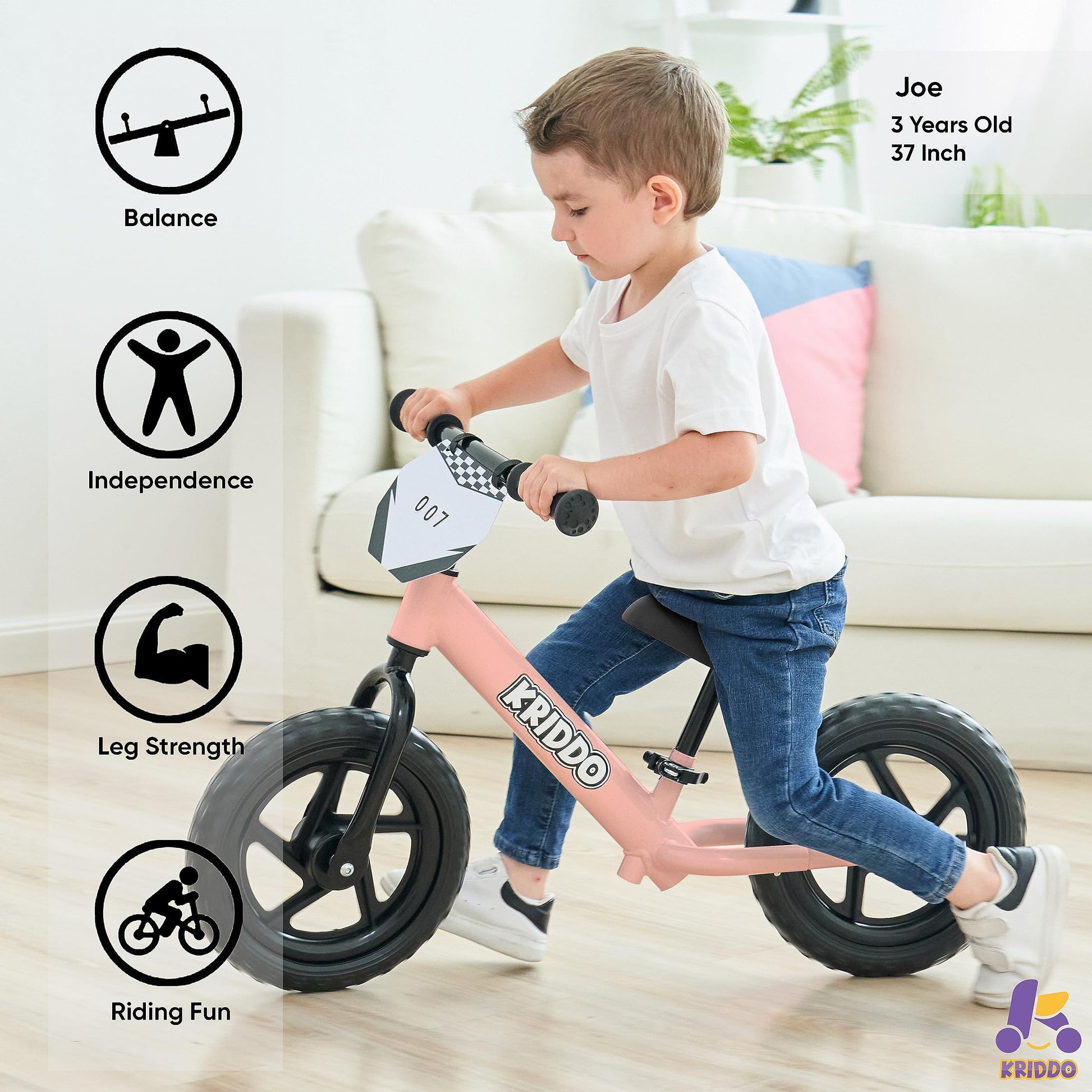 KRIDDO Toddler Balance Bike 2 Year Old, Age 24 Months to 5 Years Old, 12 Inch Push Bicycle with Customize Plate (3 Sets of Stickers Included), Steady Balancing, Gift Bike for 2-3 Boys Girls