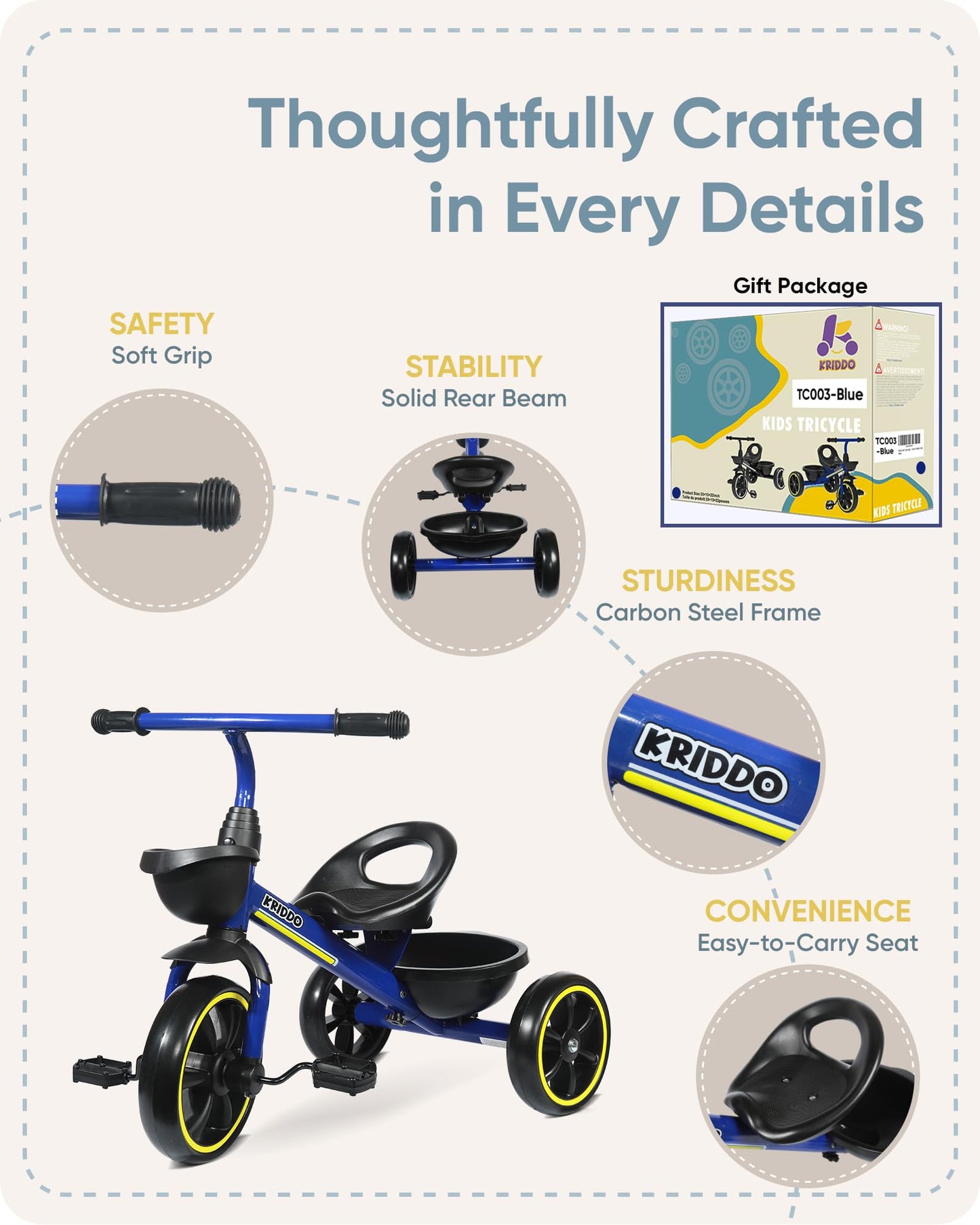 KRIDDO Kids Tricycle for 2-5 Year Olds - Gift for Toddlers - Black