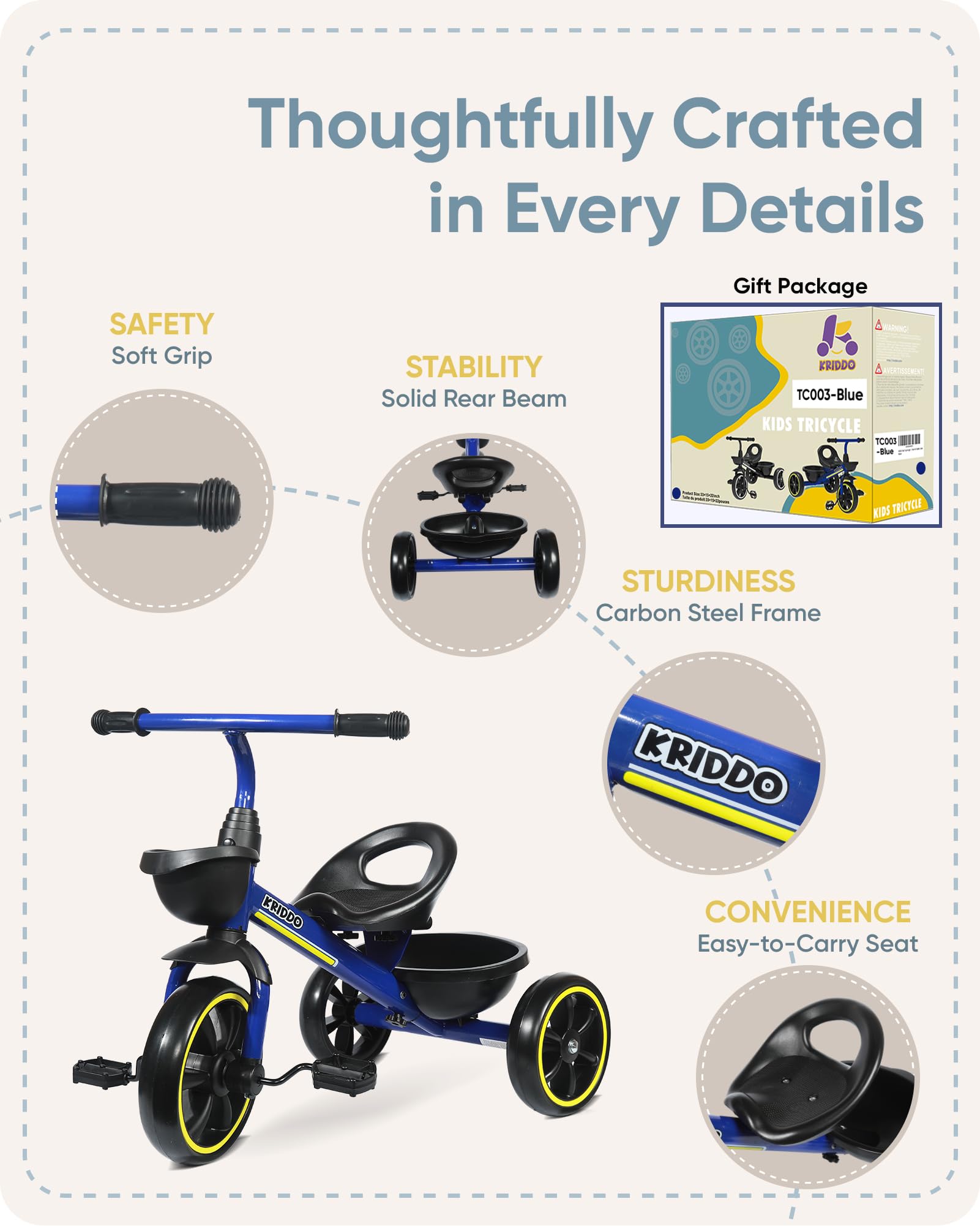 KRIDDO Kids Tricycle for 2-5 Year Olds - Gift for Toddlers - Black