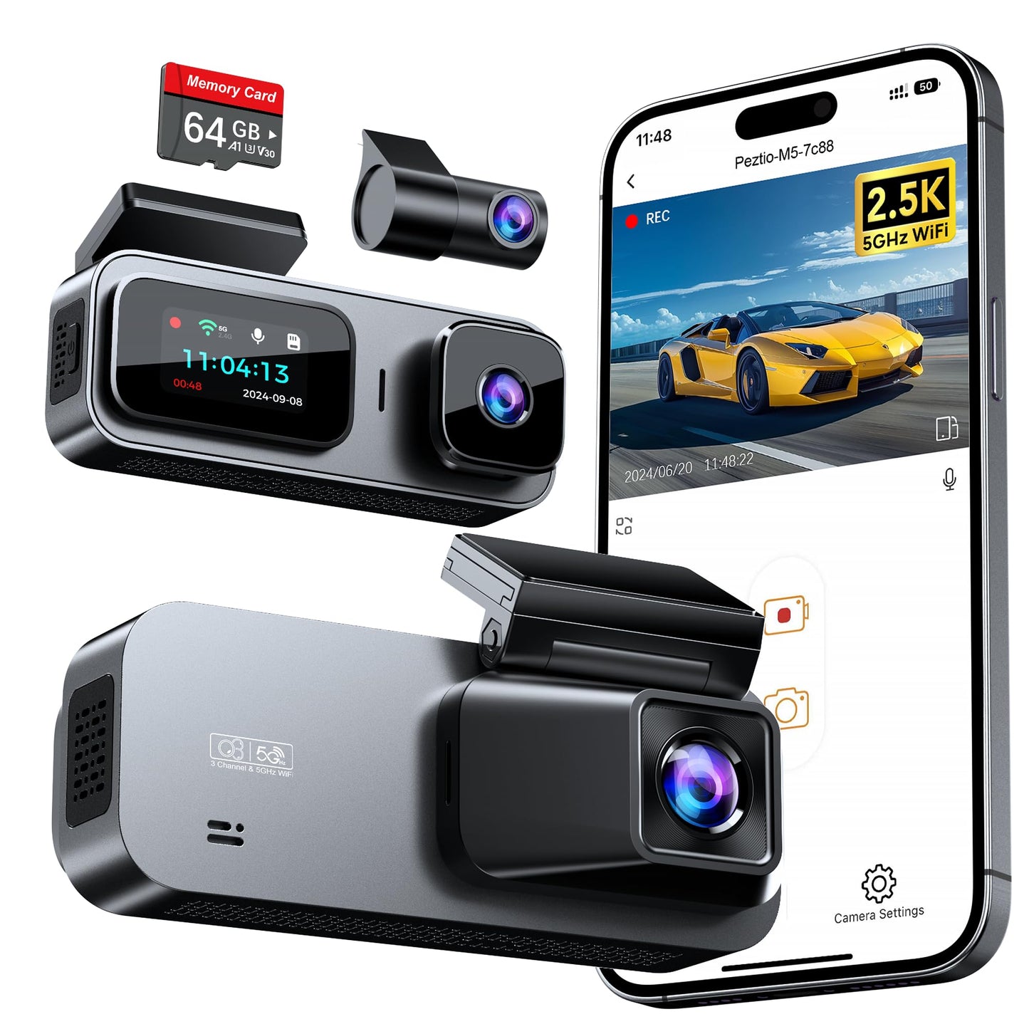 3 Channel 5GHz WiFi Dash Cam with 64GB Card, 2.5K+1080P Dash Cam Front and Rear/Inside, 2.5K+1080P+1080P Three Way Dash Camera for Cars, Dashcam 24H Parking Mode, Support 256GB Max Silver