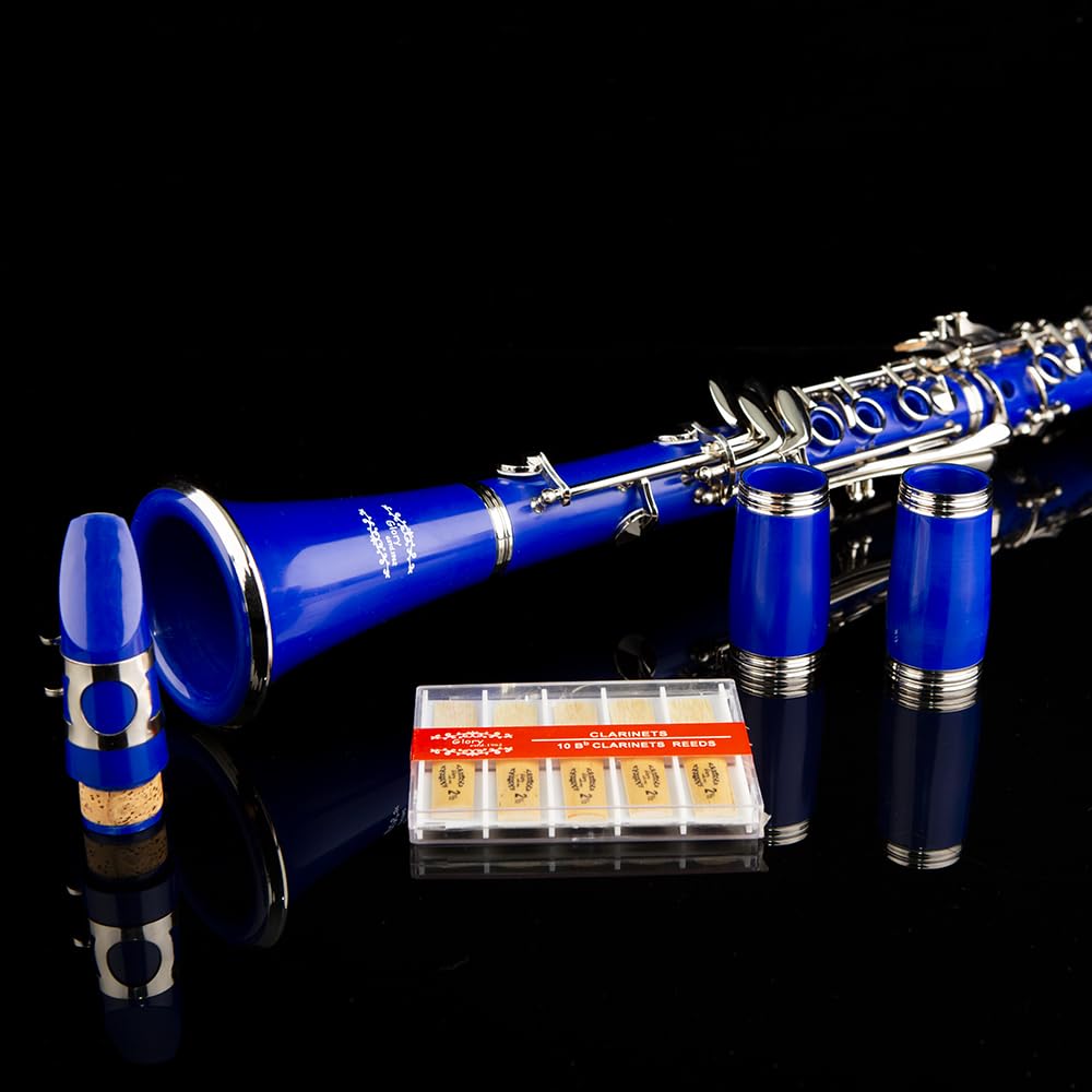 Glory GLY-CLADBL Professional Ebonite Bb Clarinet with 10 Reeds, Stand, Hard Case, Cleaning Cloth, Cork Grease, Mouthpiece Brush and Pad Brush,Dark Blue/Silver