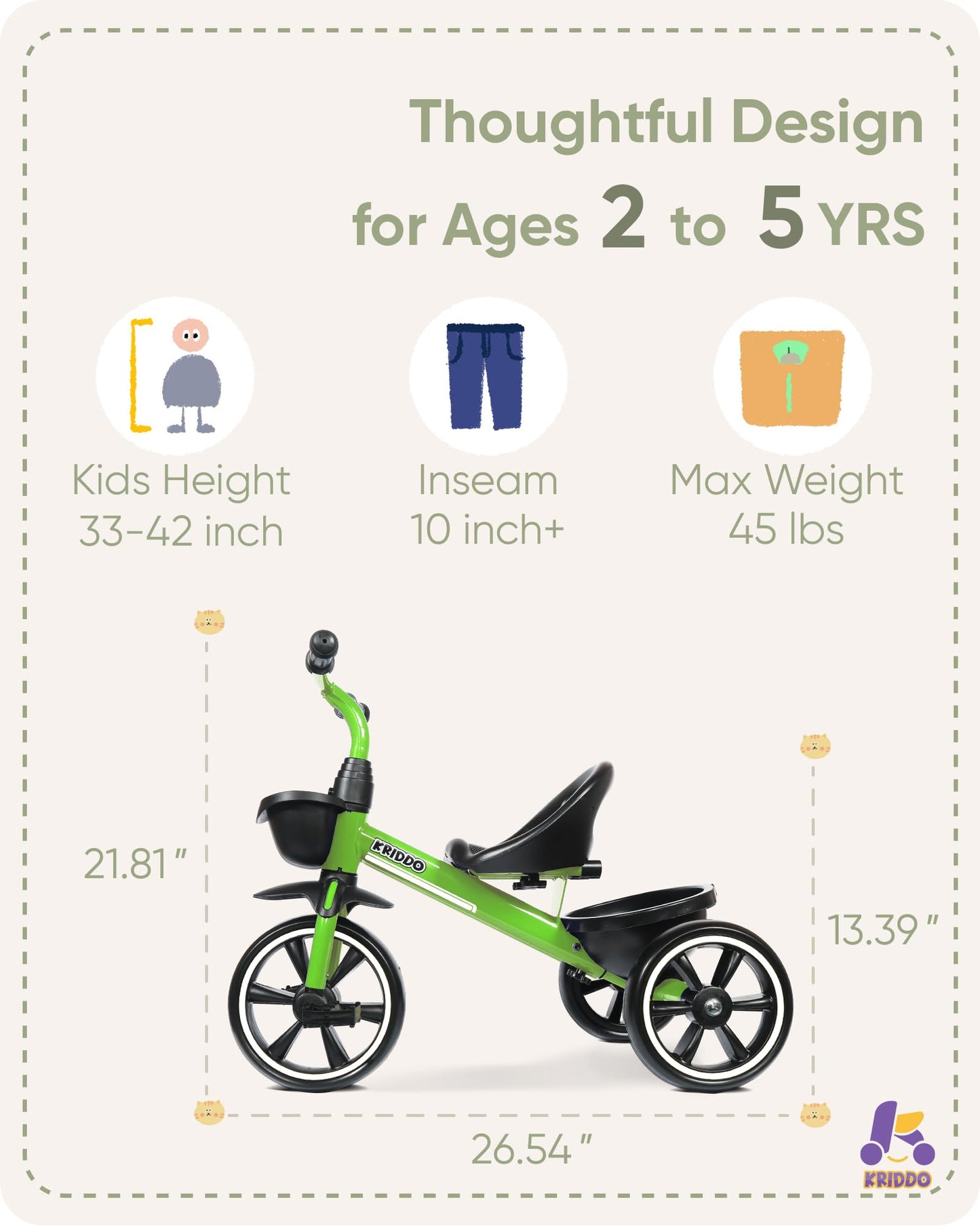 KRIDDO Kids Tricycle for 2-5 Year Olds - Gift for Toddlers - Black