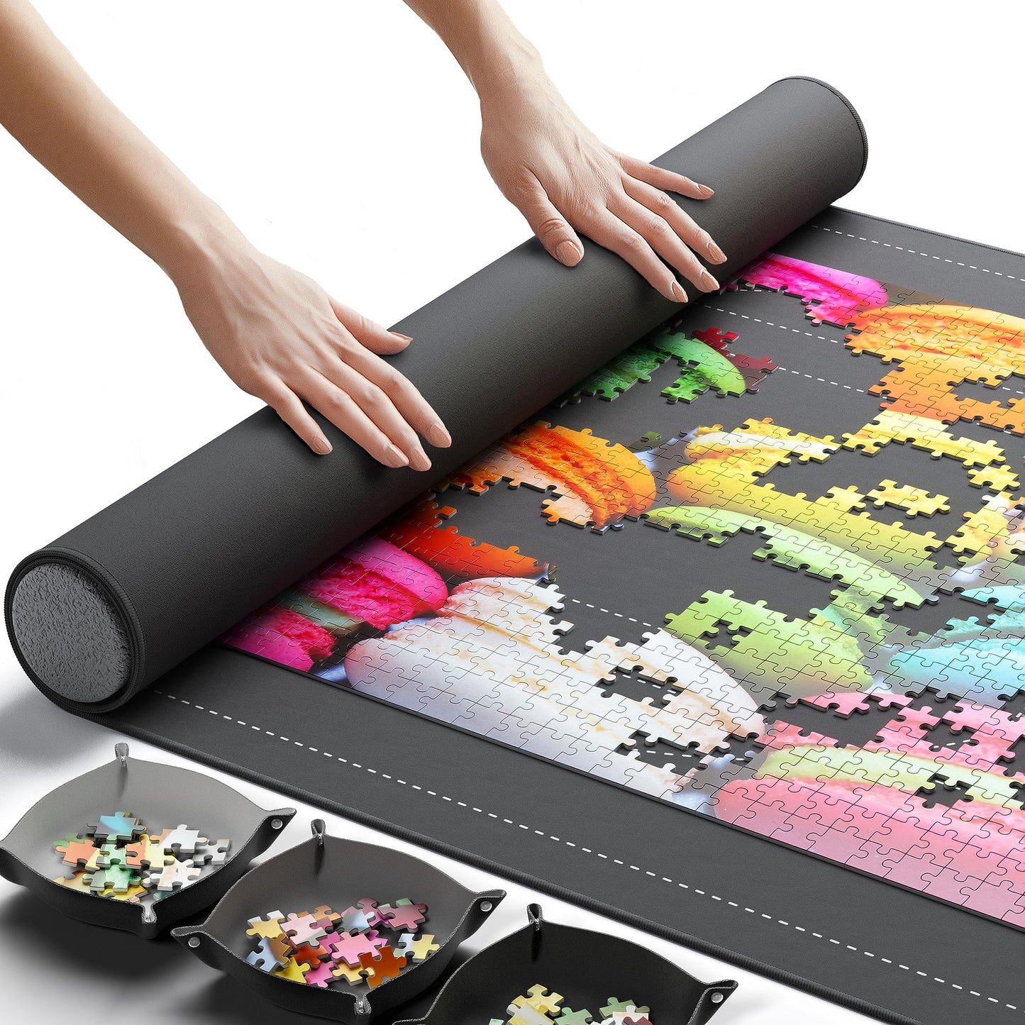 Newverest Jigsaw Puzzle Mat Roll Up, Saver Pad 39.4” x 23.6” Portable Keeper Up to 1000 Pieces with Non-Slip Rubber Bottom and Polyester Top + 3 Puzzle Sorting Trays, Travel-Friendly Storage Bag