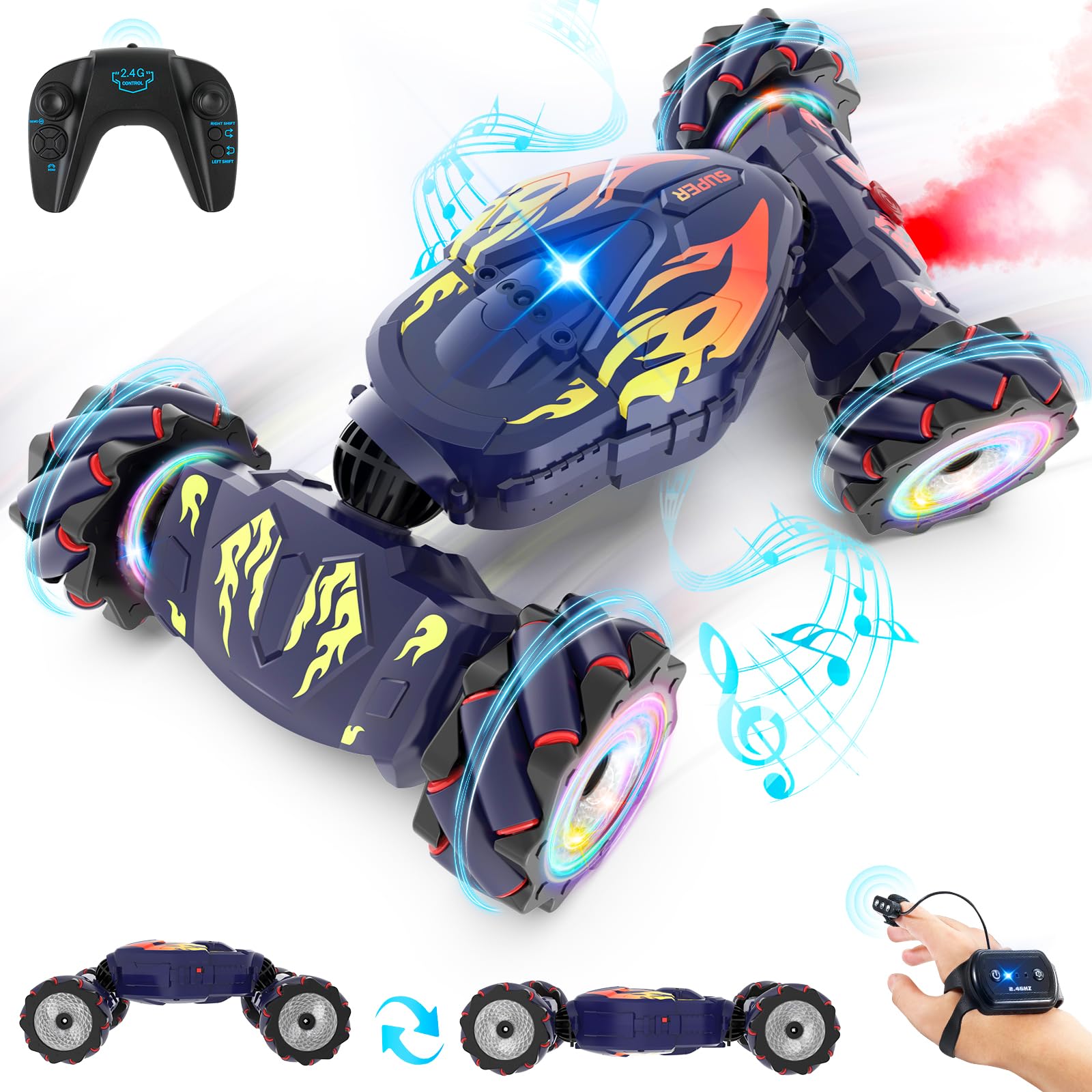 Pristar RC Car Toys for Boys Girls 6-12, Gesture Sensing RC Stunt Car 2.4Ghz 4WD Remote Control Car with Lights Music Double Sided Flip 360° Rotate Off-Road, Birthday Xmas Gifts for Kids Aged 6-12