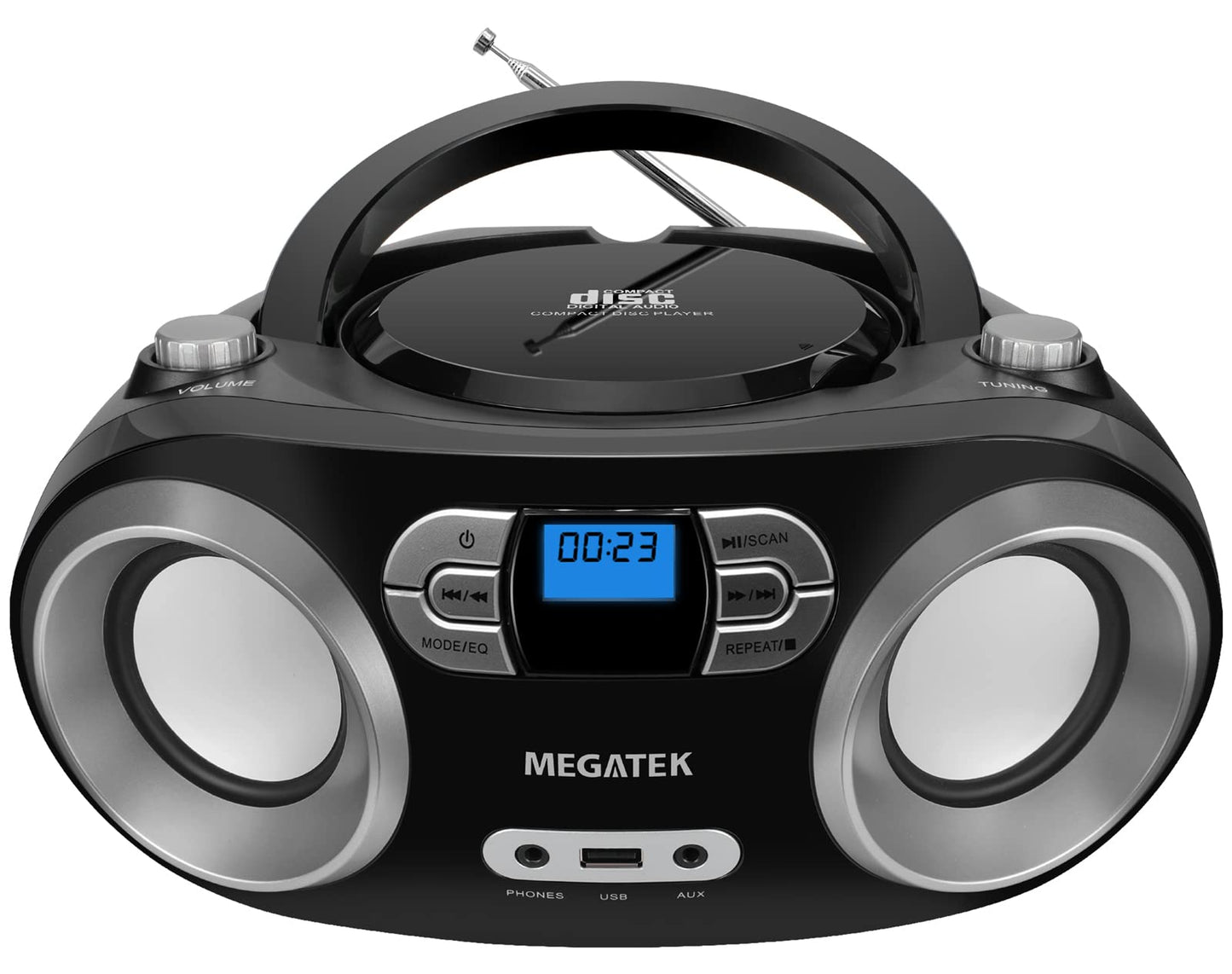 MEGATEK Portable CD Boombox with FM Stereo Radio, Bluetooth, USB Port, and Backlit LCD Display | CD-R/CD-RW/MP3-CD Compatible | AUX Input | Headphone Jack | Programmable CD Player - Black