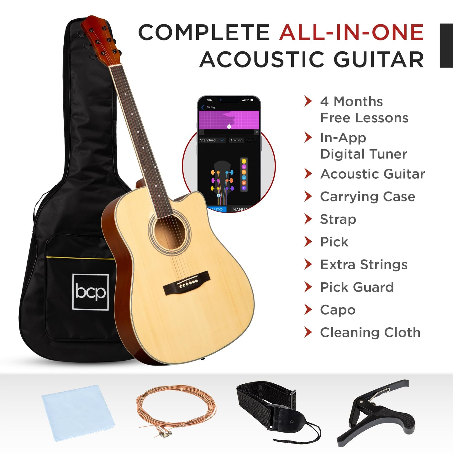 Best Choice Products 41in Beginner Acoustic Guitar Full Size All Wood Cutaway Guitar Starter Set w/Case, Strap, Capo, Strings, Picks - Aged Natural