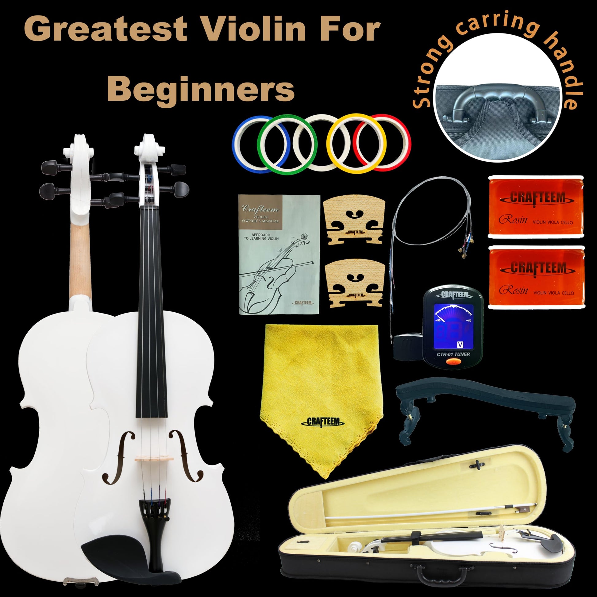 1/2 Fiddle Black Colored Premium Violin Outfit for Beginners Adults Kids With 5 Color Fingering Tape- Handcrafted Student Beginner Violin.(Black, 1/2)