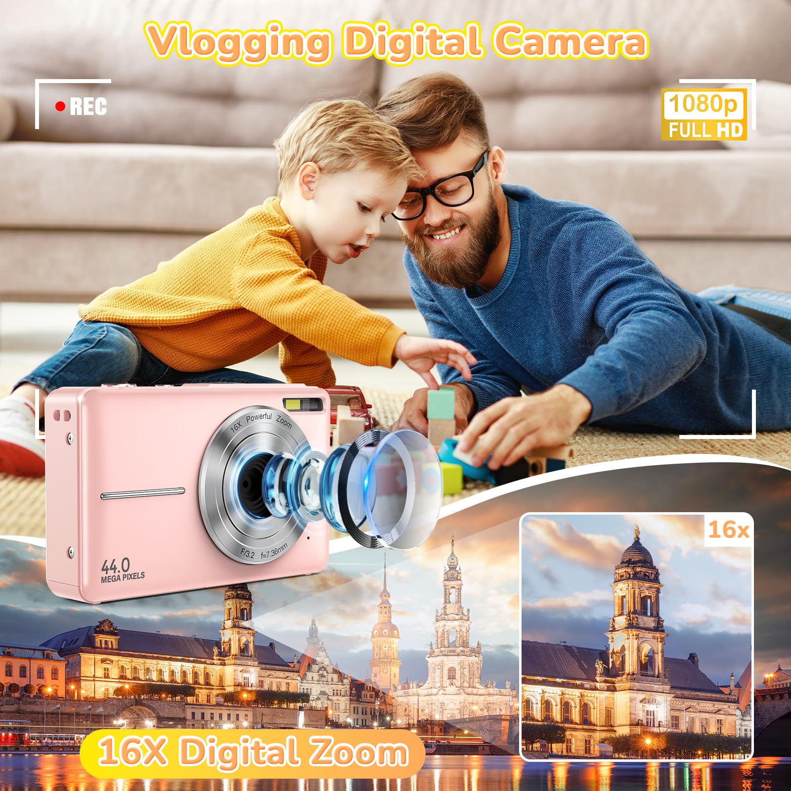 Digital Camera, 2024 Upgraded FHD 1080P Digital Camera for Kids with 16X Zoom, Flashlight, 32GB Card, 44MP Point and Shoot Camera Compact Small Selfie Camera for Girls, Boys, Teens, Students,Pink