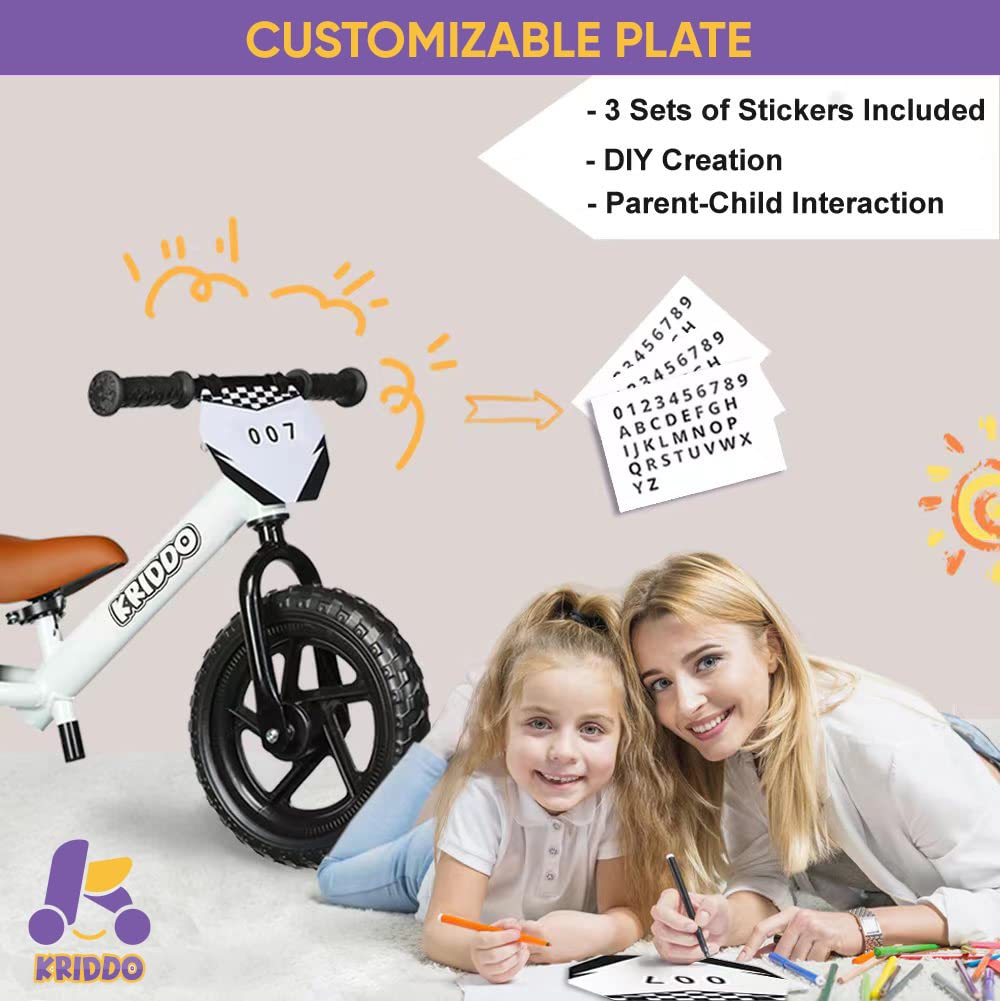 KRIDDO Toddler Balance Bike 2 Year Old, Age 24 Months to 5 Years Old, 12 Inch Push Bicycle with Customize Plate (3 Sets of Stickers Included), Steady Balancing, Gift Bike for 2-3 Boys Girls