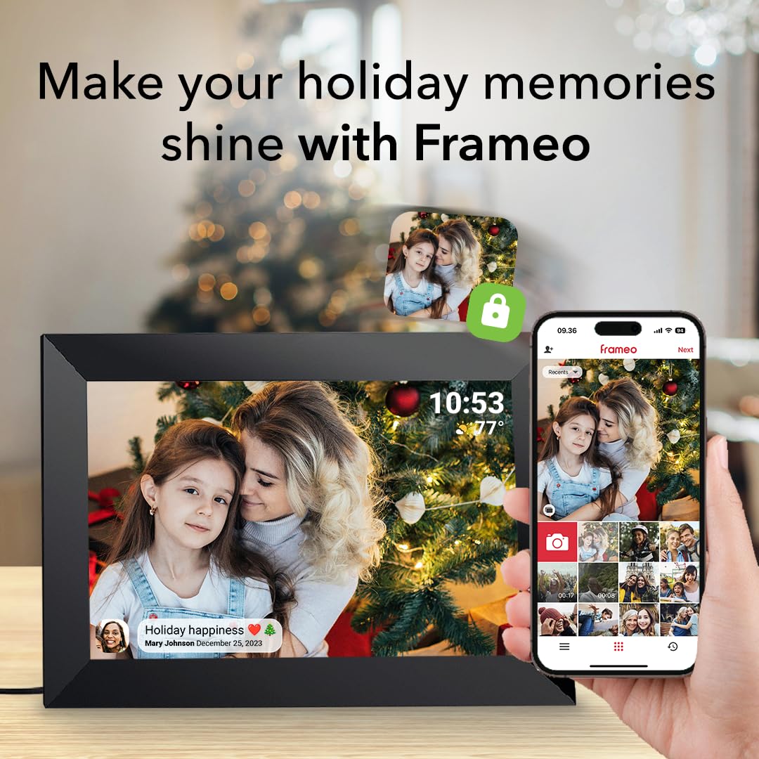 Frameo 10.1 Inch WiFi Digital Picture Frame with 1280 * 800P IPS Touch Screen HD Disply,Video Clips and Slide Show,Auto-Rotate, Wall Mountable,Send Photos Instantly from Anywhere with via Frameo APP