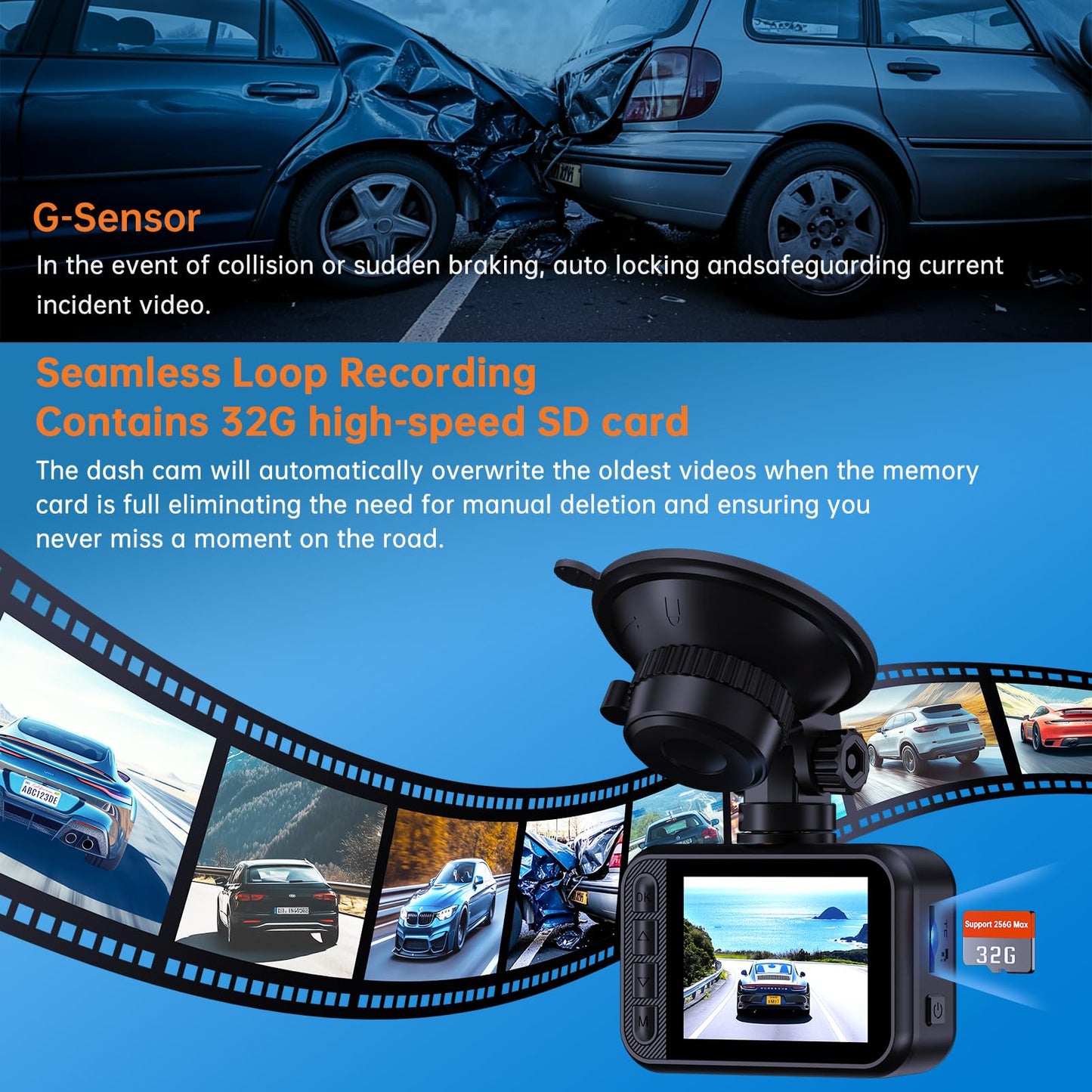 Dash Cam Front and Rear, 2.5K Dual Dash Camera for Cars, 2560P Mini Car Camera, 2 inch IPS Screen, 32GB Card Included, WDR Night Vision, 24 Hours Parking Monitor, G-Sensor, Support 256 GB Max