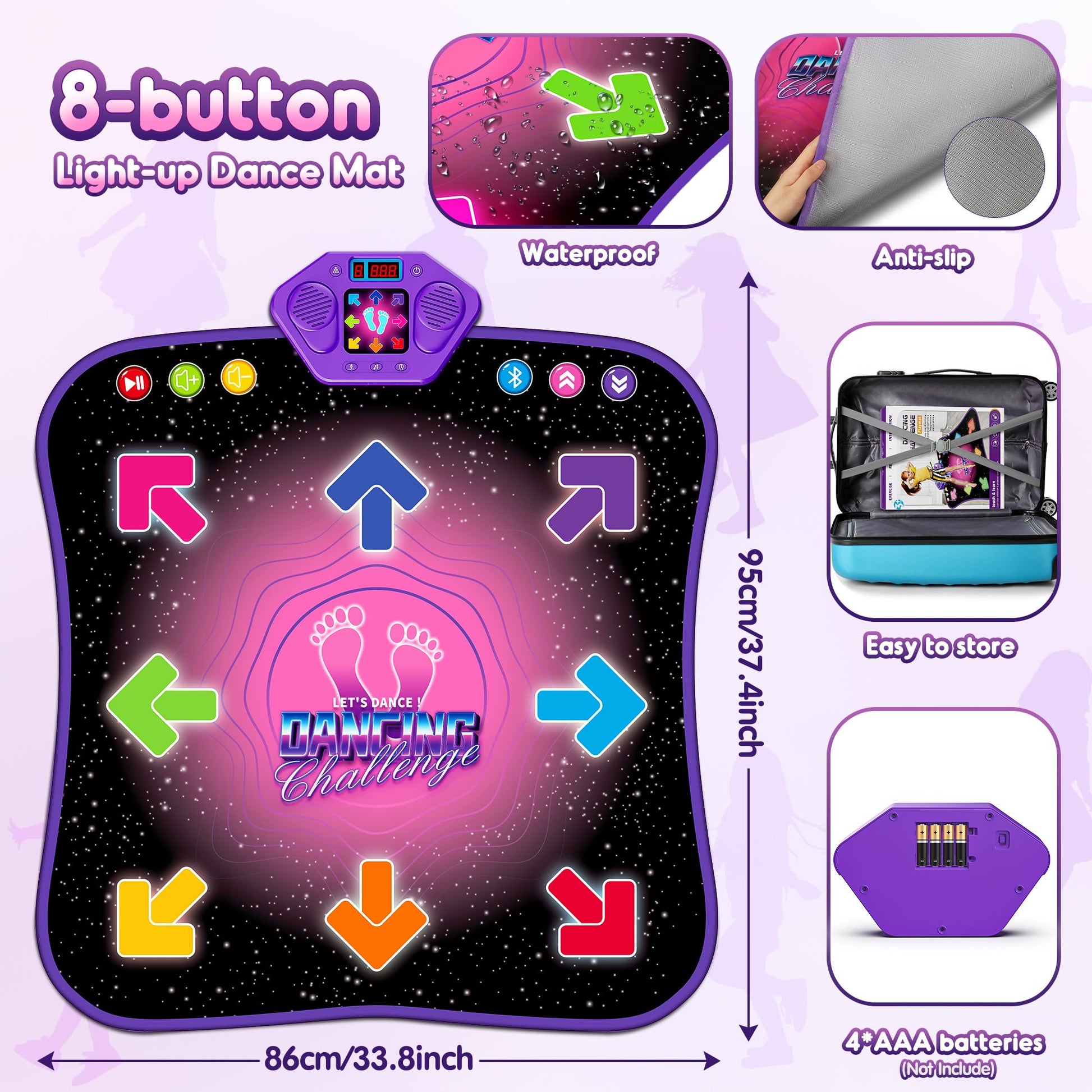 Flooyes Dance Mat Toys for 3-12 Year Old Kids, Electronic Dance Pad with Light-up 6-Button Wireless Bluetooth, Music Dance with 5 Game Modes, Birthday Toys Gifts for 3 4 5 6 7 8 9 10+ Year Old Girls