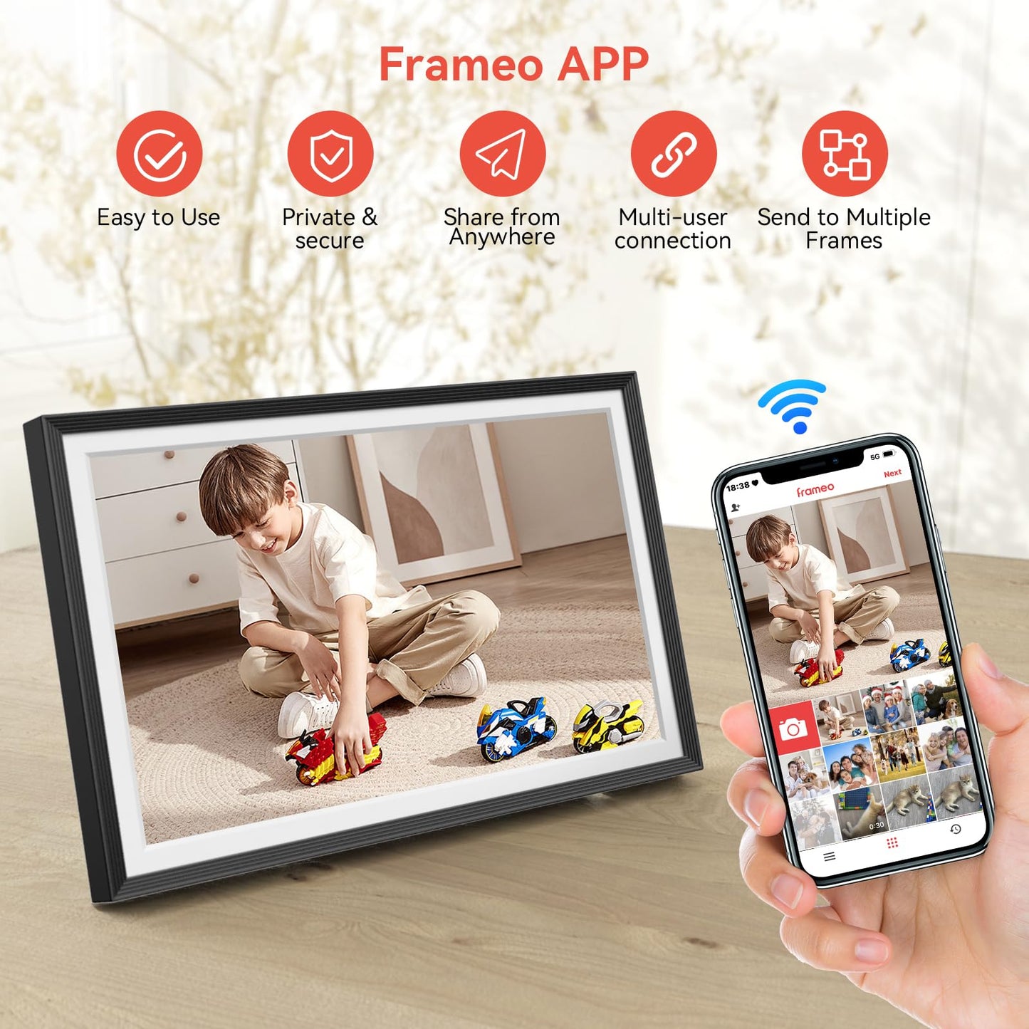 Frameo 10.1 inch Digital Picture Frame, Smart WiFi Digital Photo Frame with 32G Memory, HD Touch Screen, Auto-Rotate, Slideshow, Easy Setup, Share Photos and Videos Anywhere