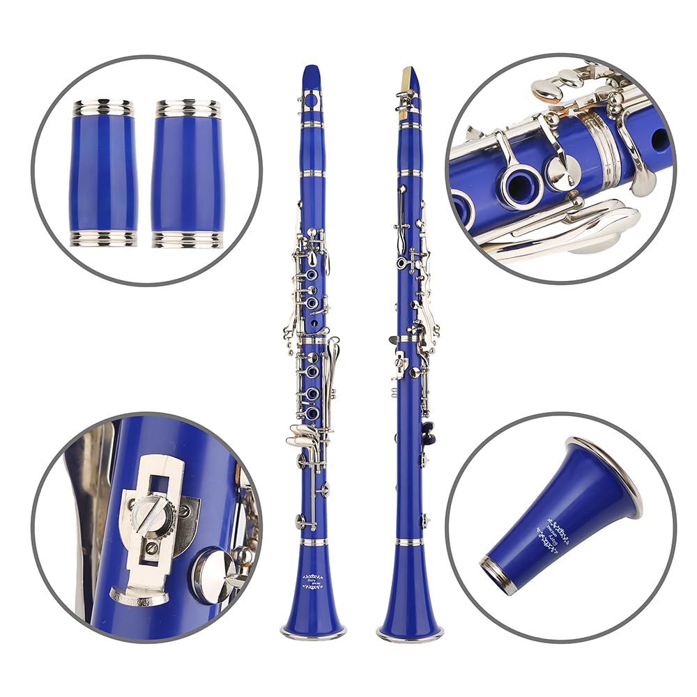 Glory GLY-CLADBL Professional Ebonite Bb Clarinet with 10 Reeds, Stand, Hard Case, Cleaning Cloth, Cork Grease, Mouthpiece Brush and Pad Brush,Dark Blue/Silver