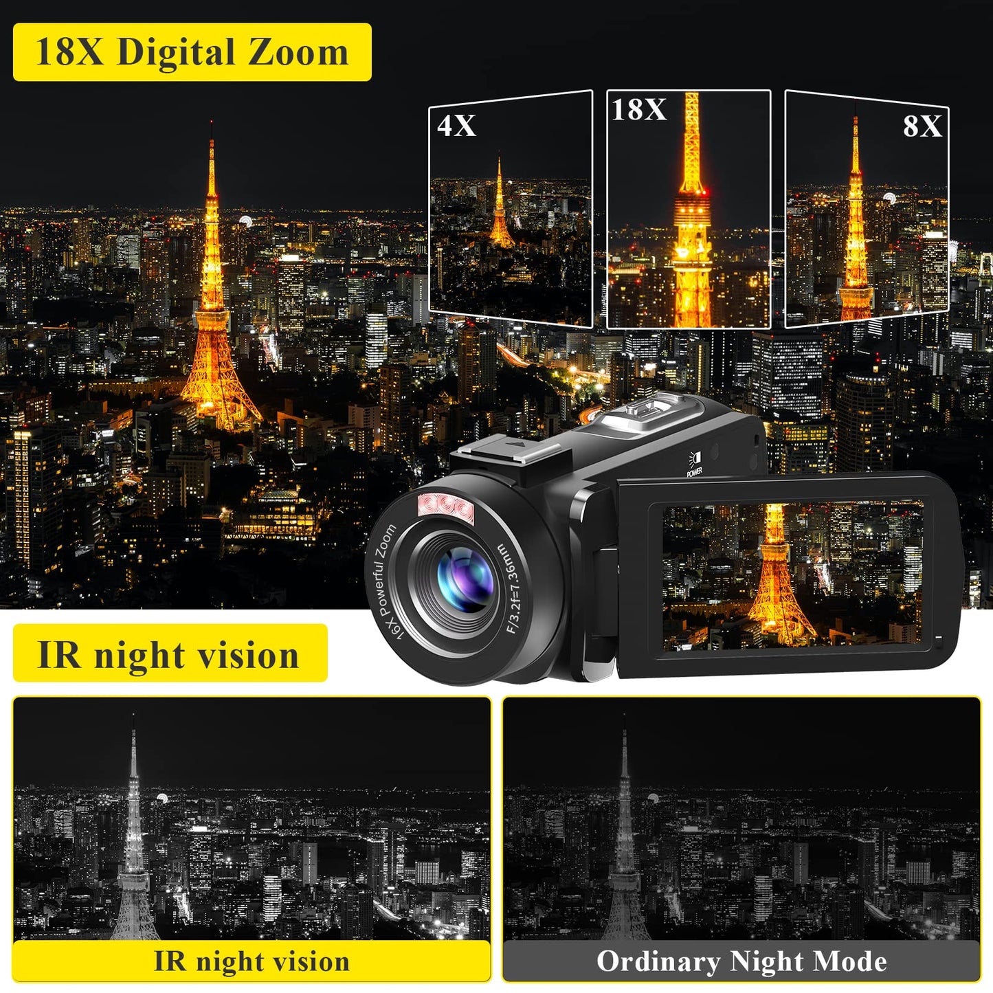 Video Camera, Full HD 1080P 30MP Camcorder, Vlogging Camera for YouTube with Infrared Night Vision, 18X Digital Zoom 3.0“ LCD Screen Digital Camera, Video Recorder with Remote Control and Battery