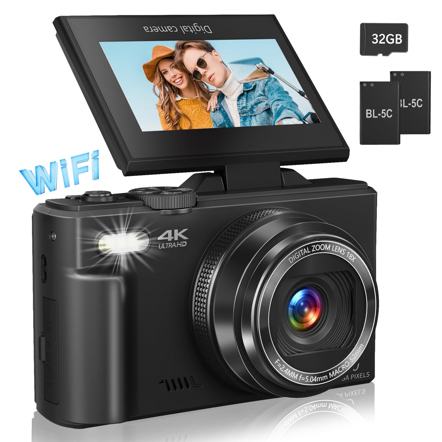 Digital Camera for Photography, 4K Vlogging Camera for YouTube 3" 180° Flip Screen 18X Digital Zoom Compact Retro Camera with 32GB TF Card &amp; 2 Batteries, Black