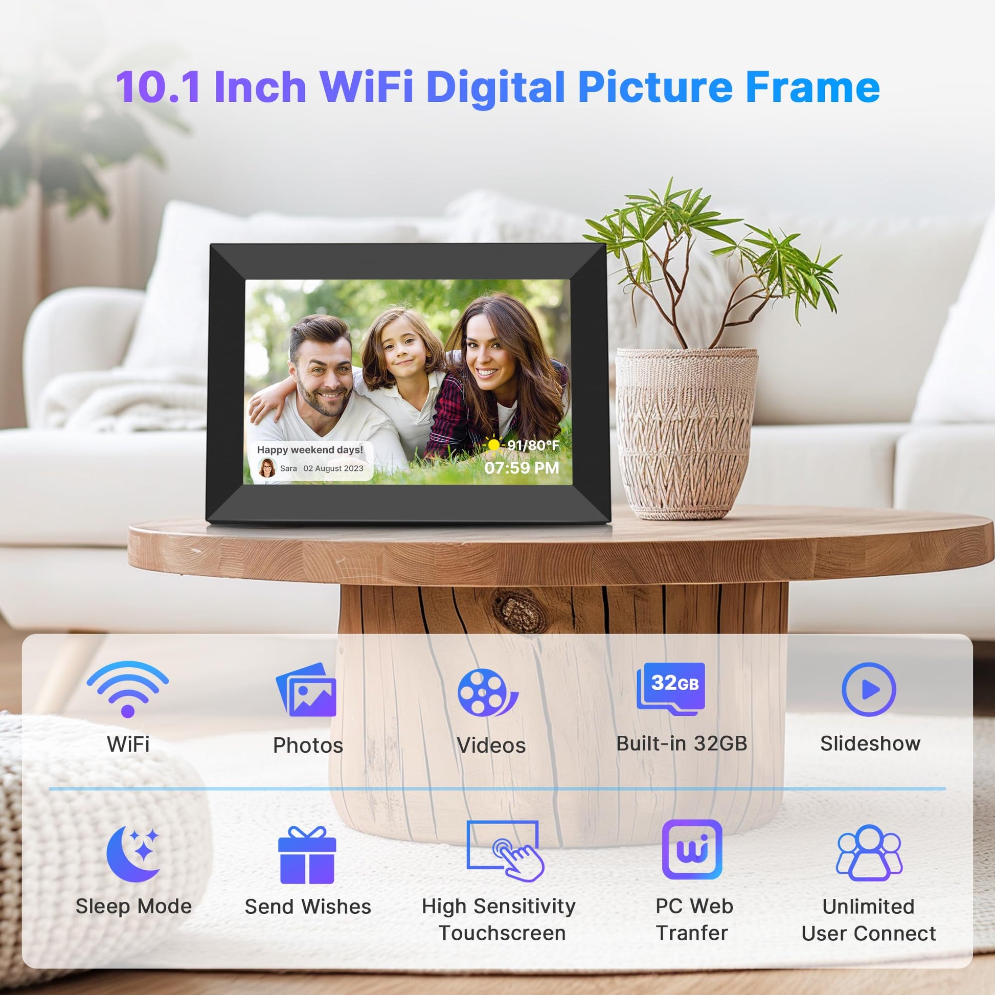 MaxAngel Digital Picture Frame 32GB Storage 10.1 Inch WiFi Electronic Photo Frame SD Card Slot IPS Touch Screen HD Display Auto-Rotate Slideshow Share Videos Photos Send Wishes via Uhale Remotely