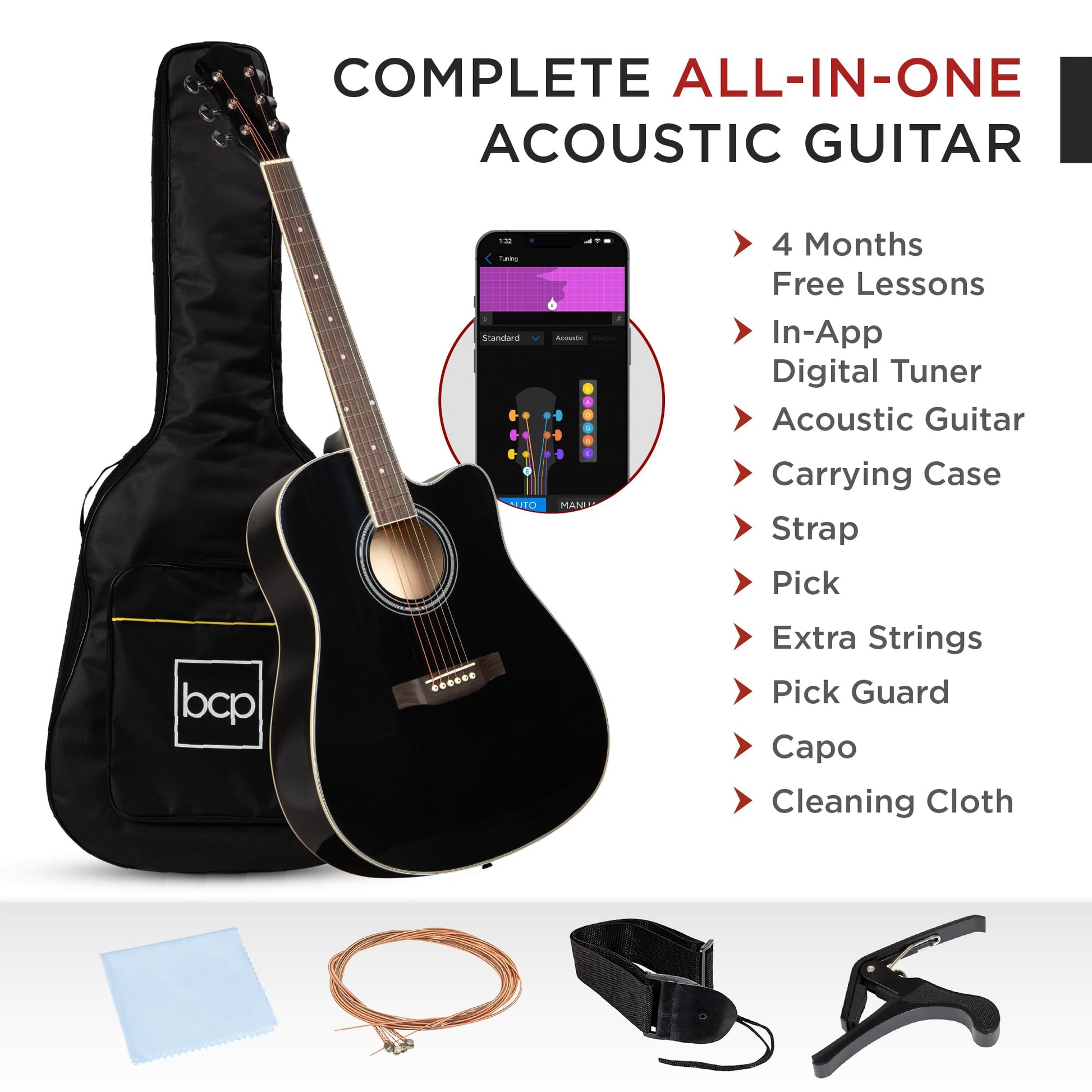 Best Choice Products 41in Beginner Acoustic Guitar Full Size All Wood Cutaway Guitar Starter Set w/Case, Strap, Capo, Strings, Picks - Aged Natural