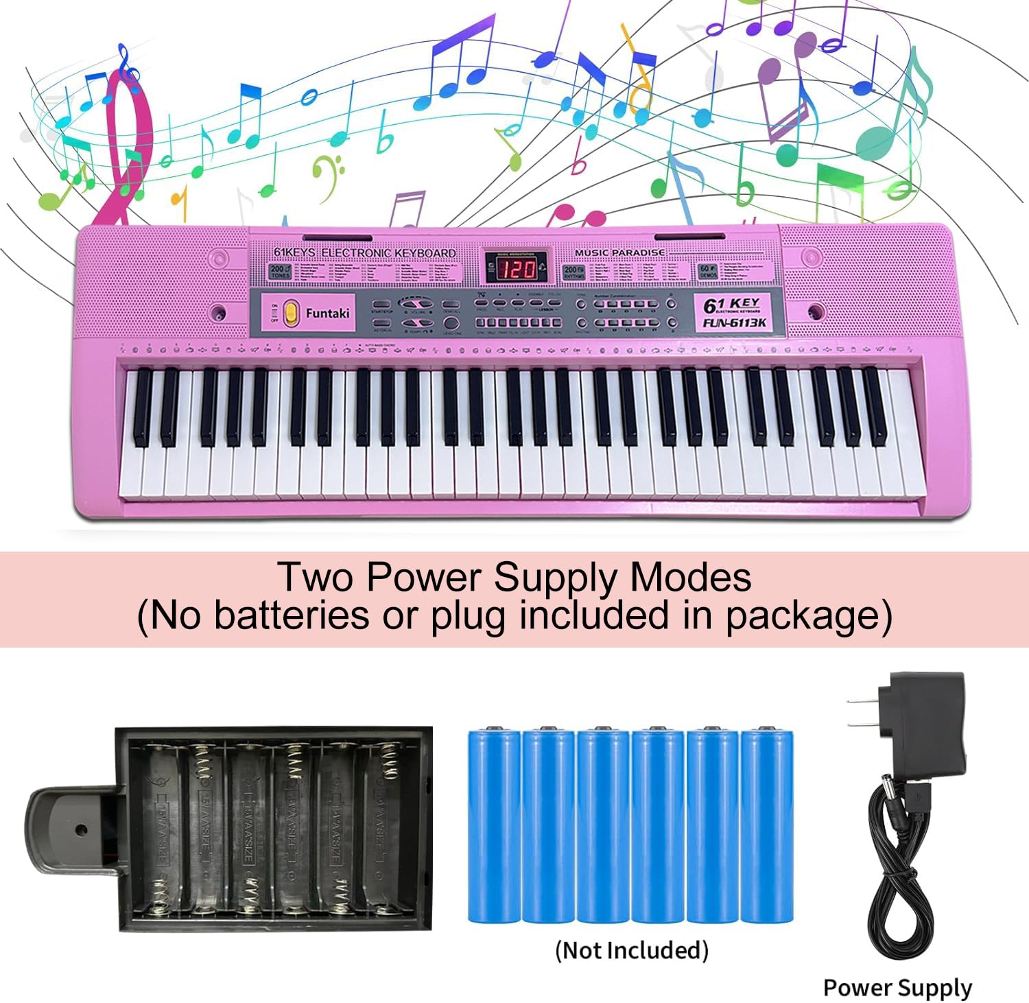 Portable 61-Keys Digital Piano, Electronic Keyboard Piano with Lighted Keys &amp; Music Stand, Mini Keyboard Piano for Beginners Kids Adults, Digital Keyboards, Black [NO Adapter]