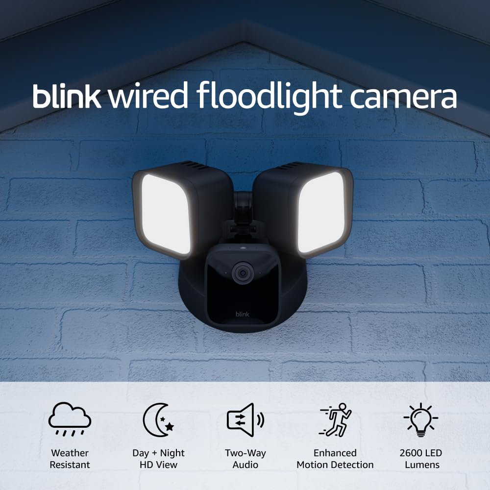 Blink Wired Floodlight Camera - Smart security camera, 2600 lumens, HD live view, enhanced motion detection, built-in siren, Works with Alexa – 1 camera (Black)