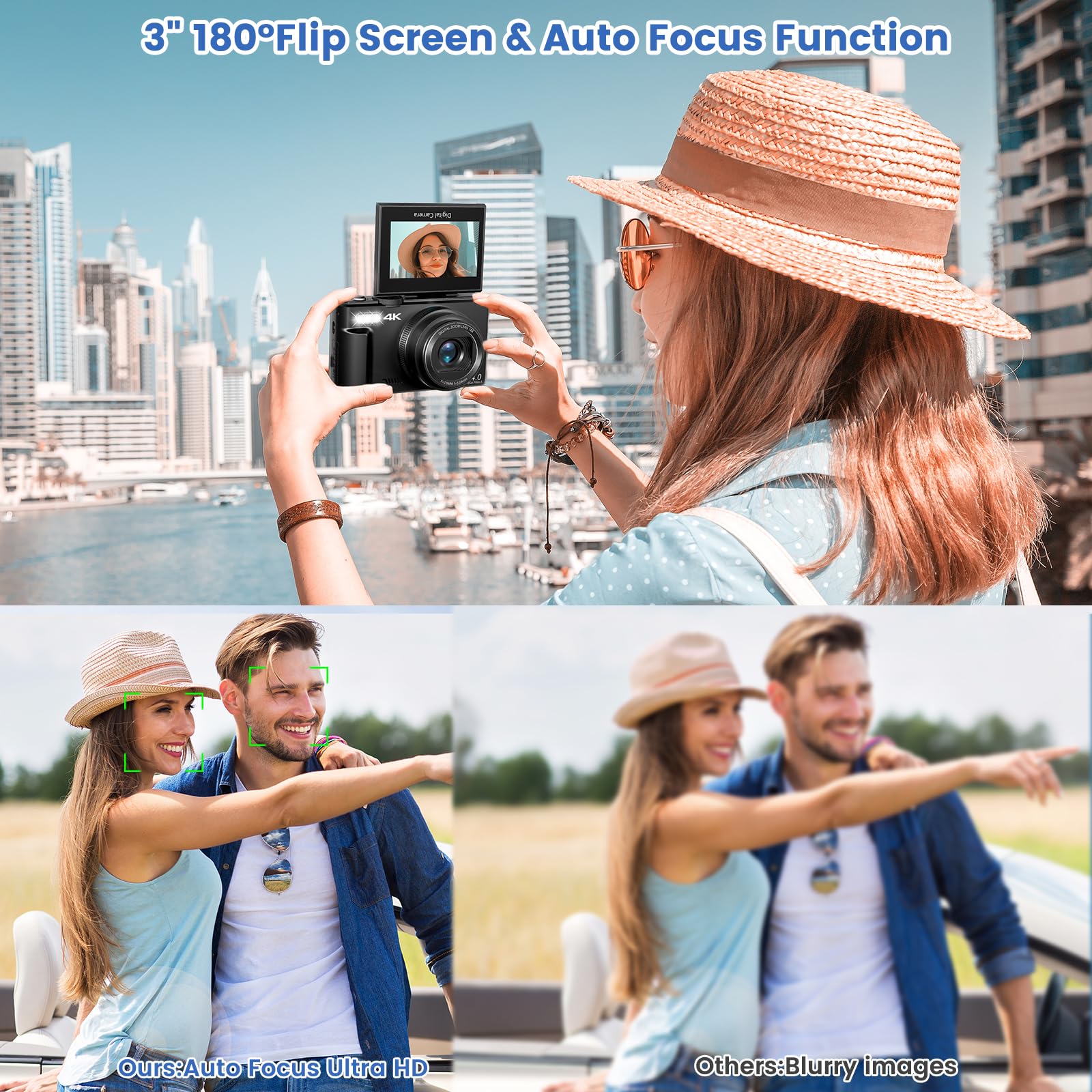 4K Digital Camera for Photography with 3" 180°Flip Screen, 64MP Vlogging Camera for YouTube, 4K Ultra HD WiFi Camera with 18X Digital Zoom，Compact Camera with Flash, 32GB TF Card &amp; 2 Batteries（Black）