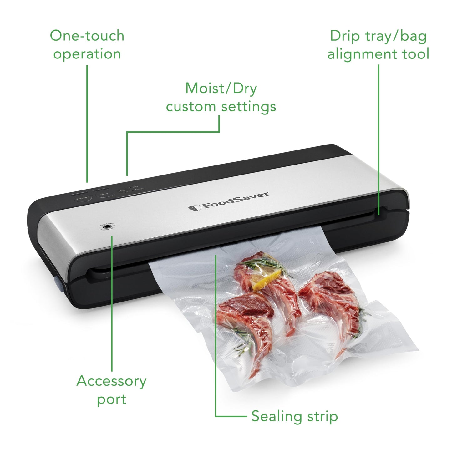 FoodSaver PowerVac Compact Vacuum Sealing Machine, Stainless Steel &amp; Black, Vertical Storage, VS0150 | Preserves freshness, reduces bag waste, for both dry and wet food