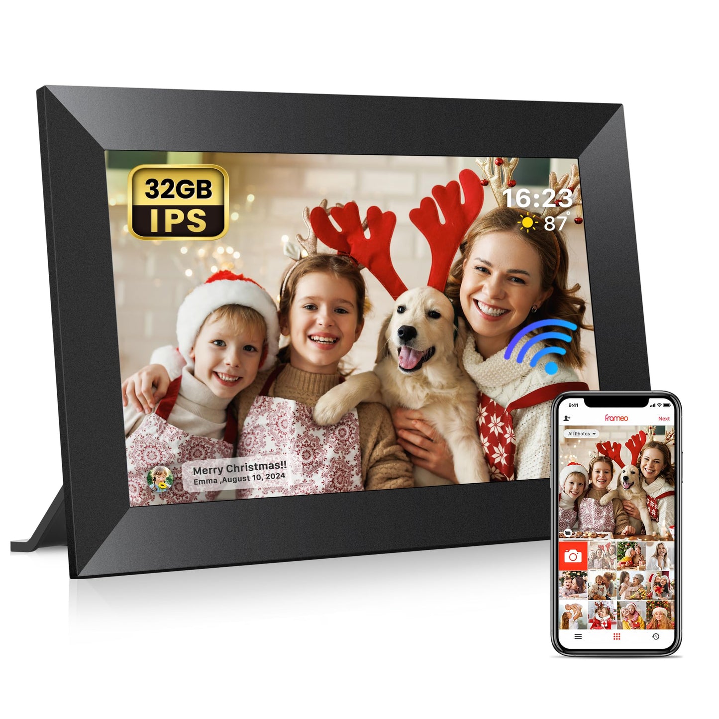 Frameo 10.1" WiFi Digital Picture Frame with 32GB Memory, 1280 x 800 IPS HD Touch Screen Electronic Photo Frame, Auto-Rotate, Slideshow, Wall Mountable, Share Photos/Video Remotely Anywhere