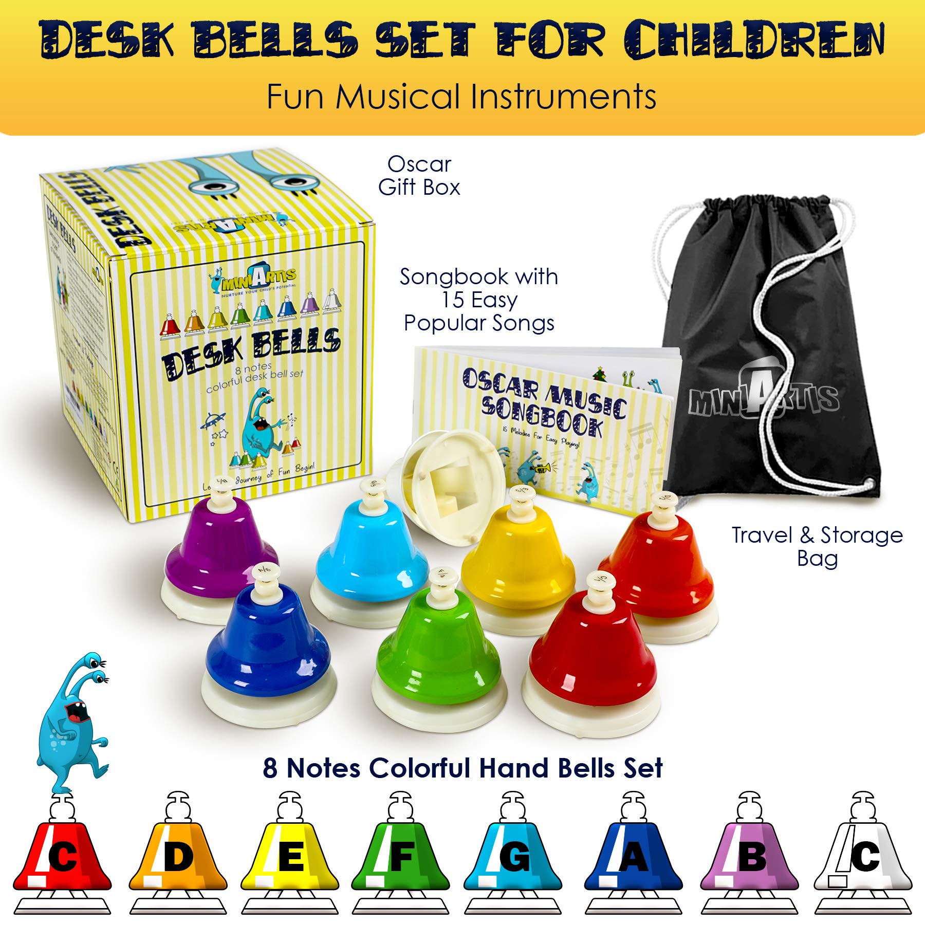 MINIARTIS Desk Bells for Kids | Educational Music Toys for Toddlers 8 Notes Colorful Hand Bells Set | Kids Musical Instrument with 15 Songbook | Great Birthday Gift for Children