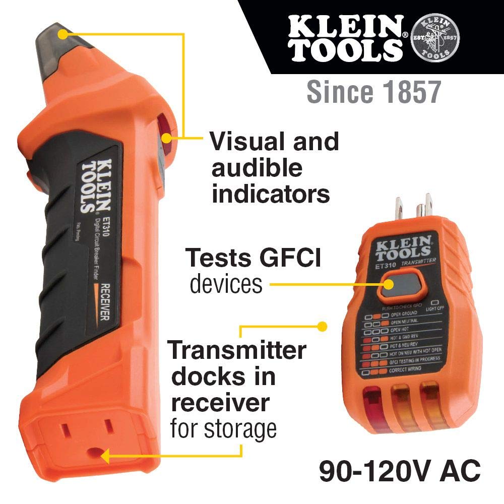 Klein Tools 80016 Circuit Breaker Finder Tool Kit &amp; RT250 GFCI Outlet Tester &amp; NCVT3P Dual Range Non Contact Voltage Tester, 12-1000V AC Pen, Flashlight, Audible and Flashing LED Alarms, Pocket Clip