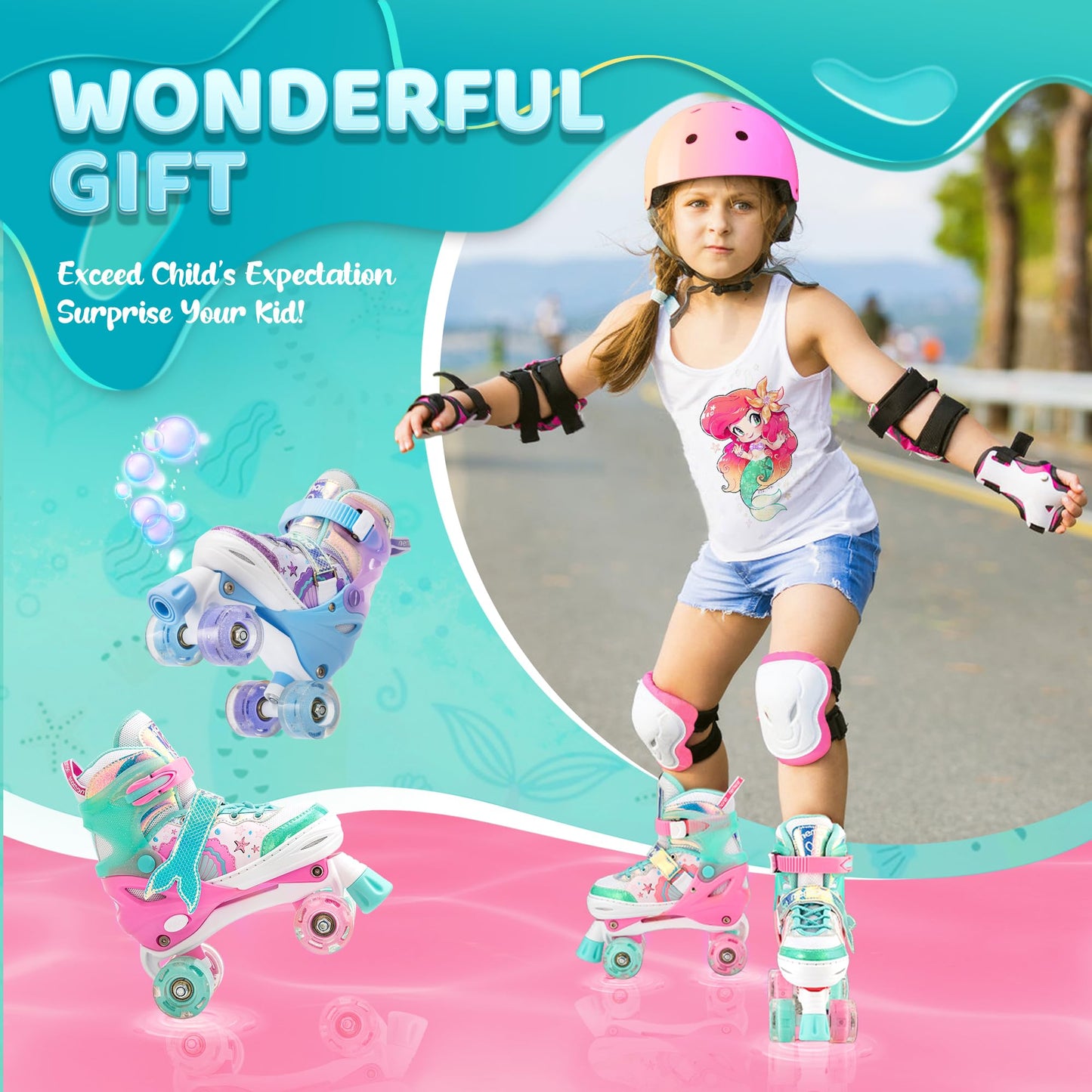 NEMONE Mermaid 4 Size Adjustable Light up Roller Skates for Girls, Purple Blue Skates for Toddlers, Beginner Kids Roller Skates Indoor Outdoor