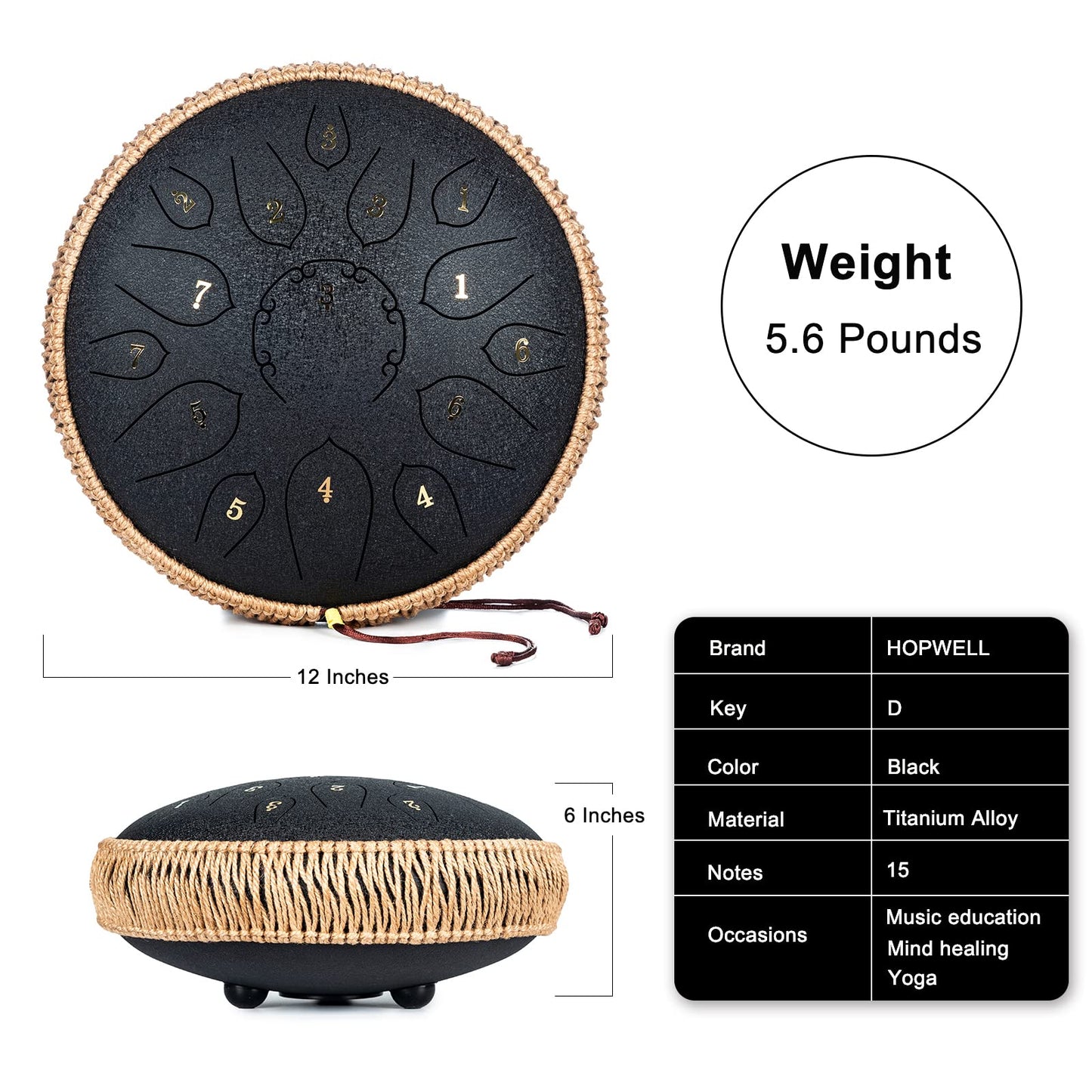 Steel Tongue Drum - 15 Note 12 Inch Tongue Drums - Percussion Instruments - Hand Pan Drum with Music Book, Drum Mallets and Carry Bag, D Major, Black