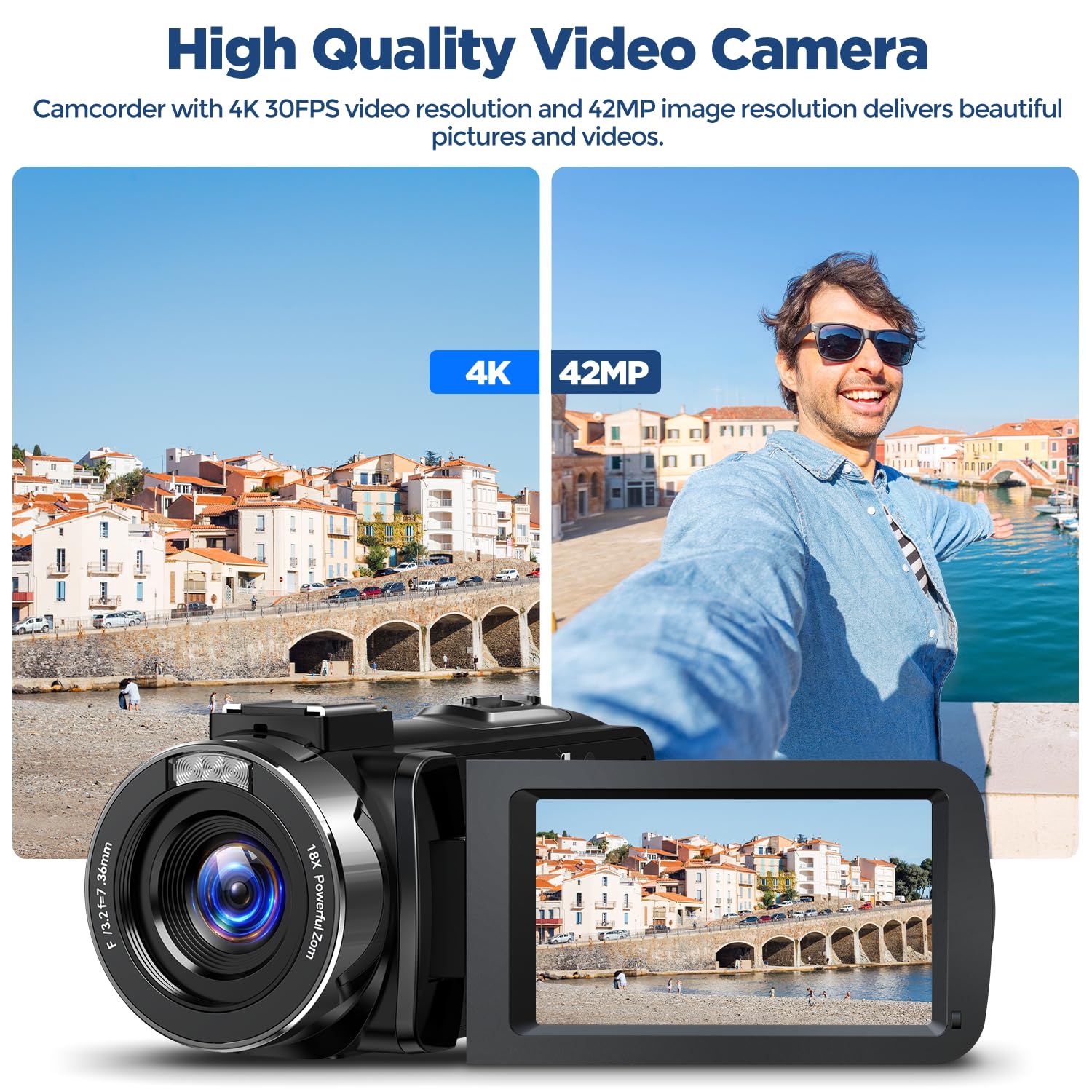 4K Video Camera Camcorder Digital Camera Recorder 42MP YouTube Vlogging Camera 18X Digital Zoom 3” 270° Rotation Screen Camcorders camera with Microphone, Remote Control, 2 Batteries, 32G SD Card