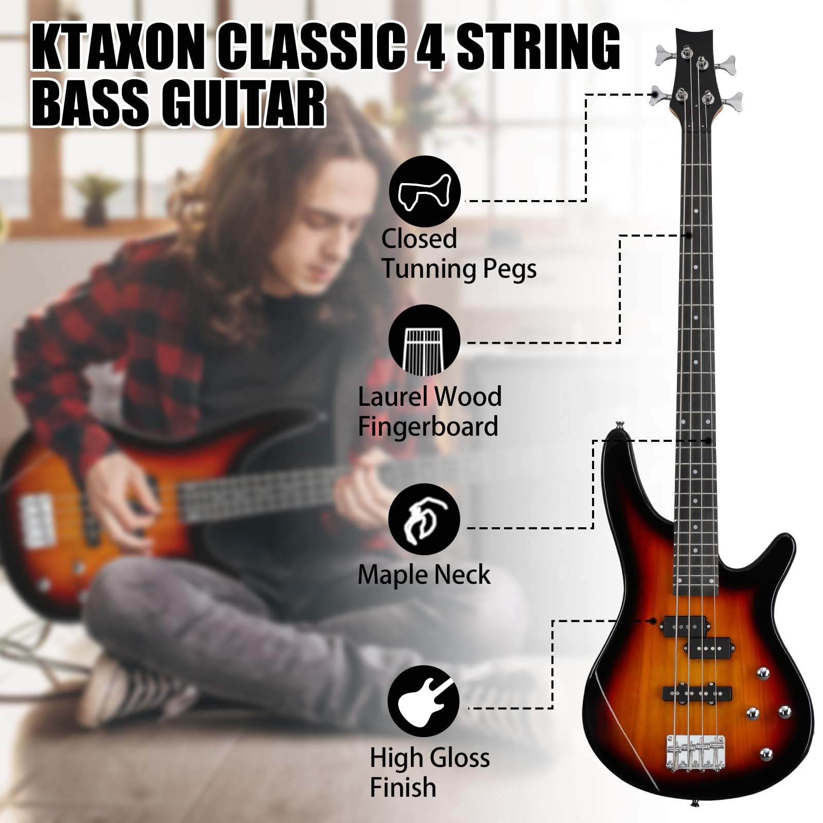 Ktaxon Electric Bass Guitar 4 String Bass Guitar with 20 Watt Amplifier, PJ Type Pickup, Naturally air-dried Maple Neck, Rosewood Fretboard, Basswood Body(Black)