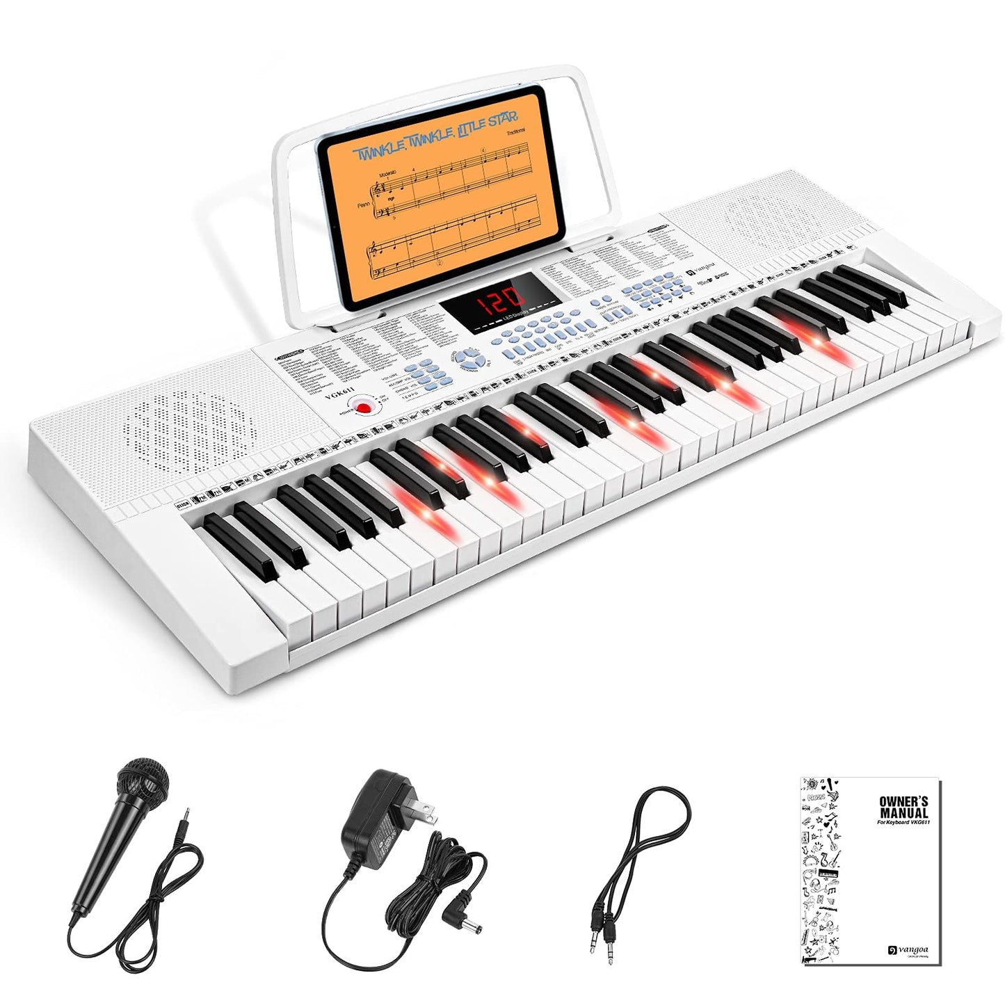 Vangoa 61-Key Light-Up Keyboard Piano for Beginners, 350 Tones &amp; Timbres, 3 Teaching Modes, With Microphone, Black