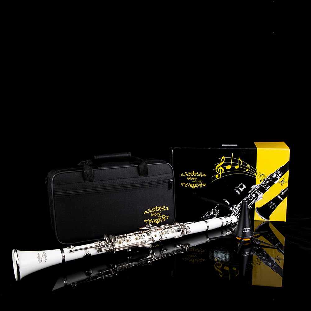 Glory GLY-CLADBL Professional Ebonite Bb Clarinet with 10 Reeds, Stand, Hard Case, Cleaning Cloth, Cork Grease, Mouthpiece Brush and Pad Brush,Dark Blue/Silver