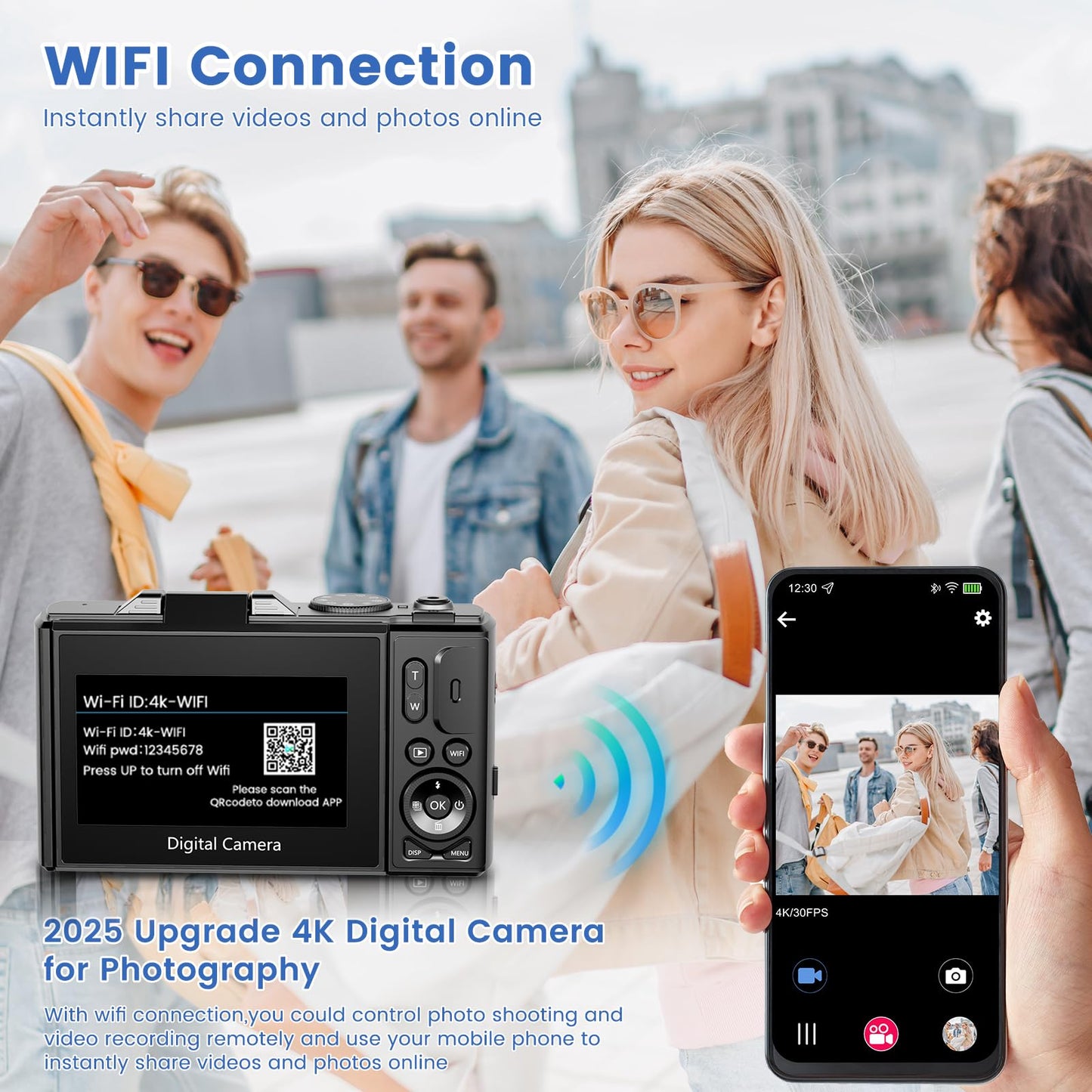 4K Digital Camera for Photography with 3" 180°Flip Screen, 64MP Vlogging Camera for YouTube, 4K Ultra HD WiFi Camera with 18X Digital Zoom，Compact Camera with Flash, 32GB TF Card &amp; 2 Batteries（Black）