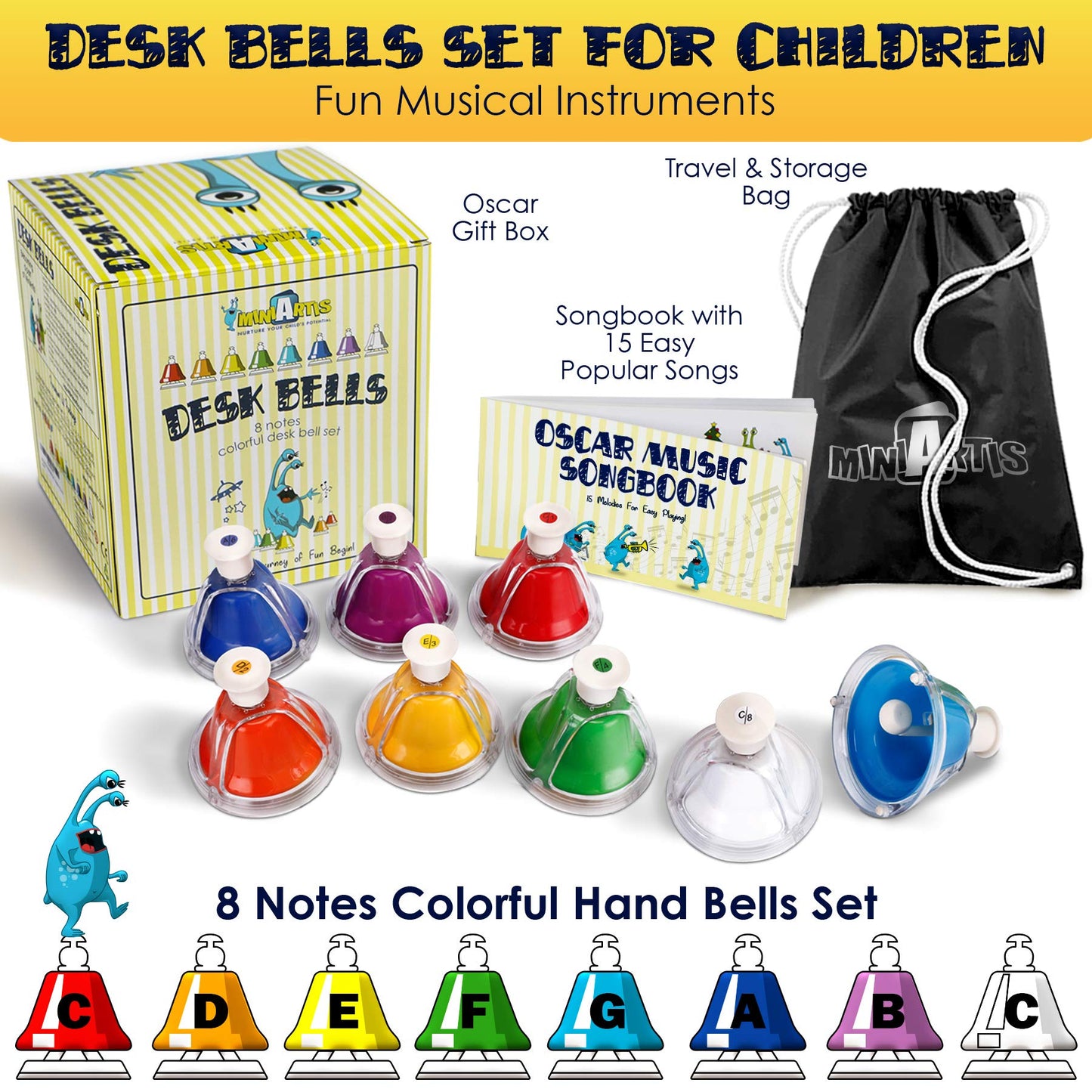 MINIARTIS Desk Bells for Kids | Educational Music Toys for Toddlers 8 Notes Colorful Hand Bells Set | Kids Musical Instrument with 15 Songbook | Great Birthday Gift for Children