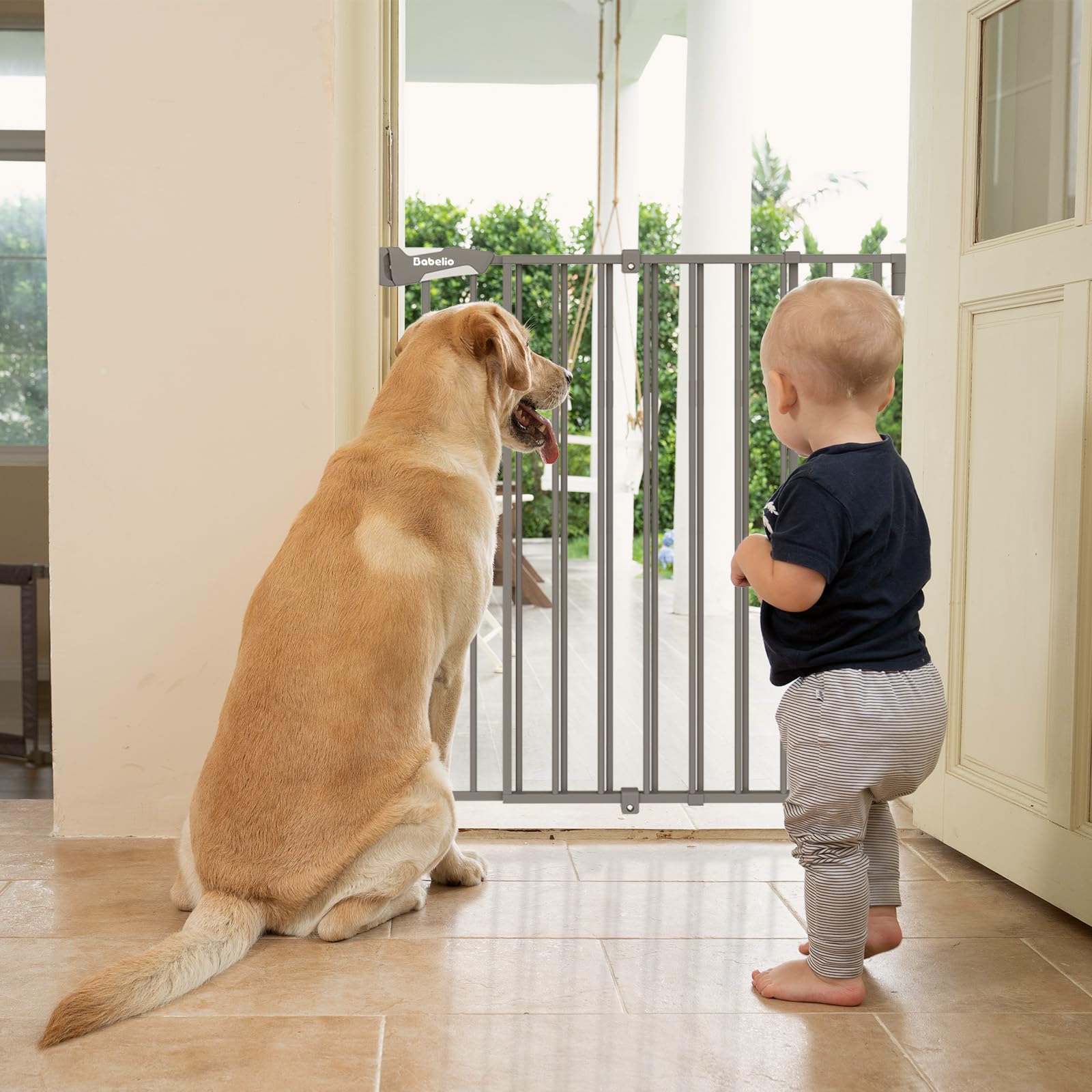 Babelio 26-43" No Bottom Bar Baby Gate for Babies, Elders and Pets, 2-in-1 Hardware Mount Dog Gate for The House, Stairs and Doorways, with Large Walk Thru Door, Black