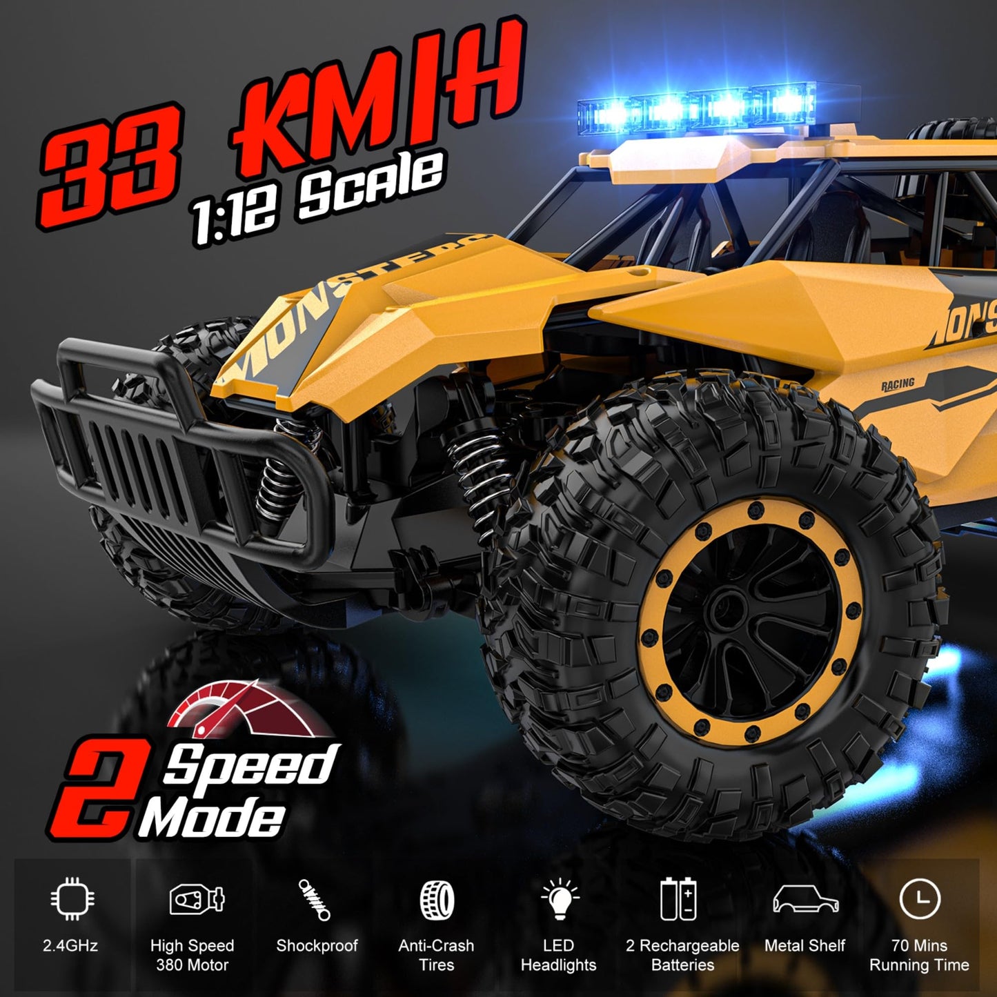 BLUEJAY Remote Control Car, 2.4GHz High Speed 33KM/H RC Cars Toys, 1:12 Monster RC Truck Off Road with LED Headlight and Rechargeable Battery Gifts for Adults Boys 8-12