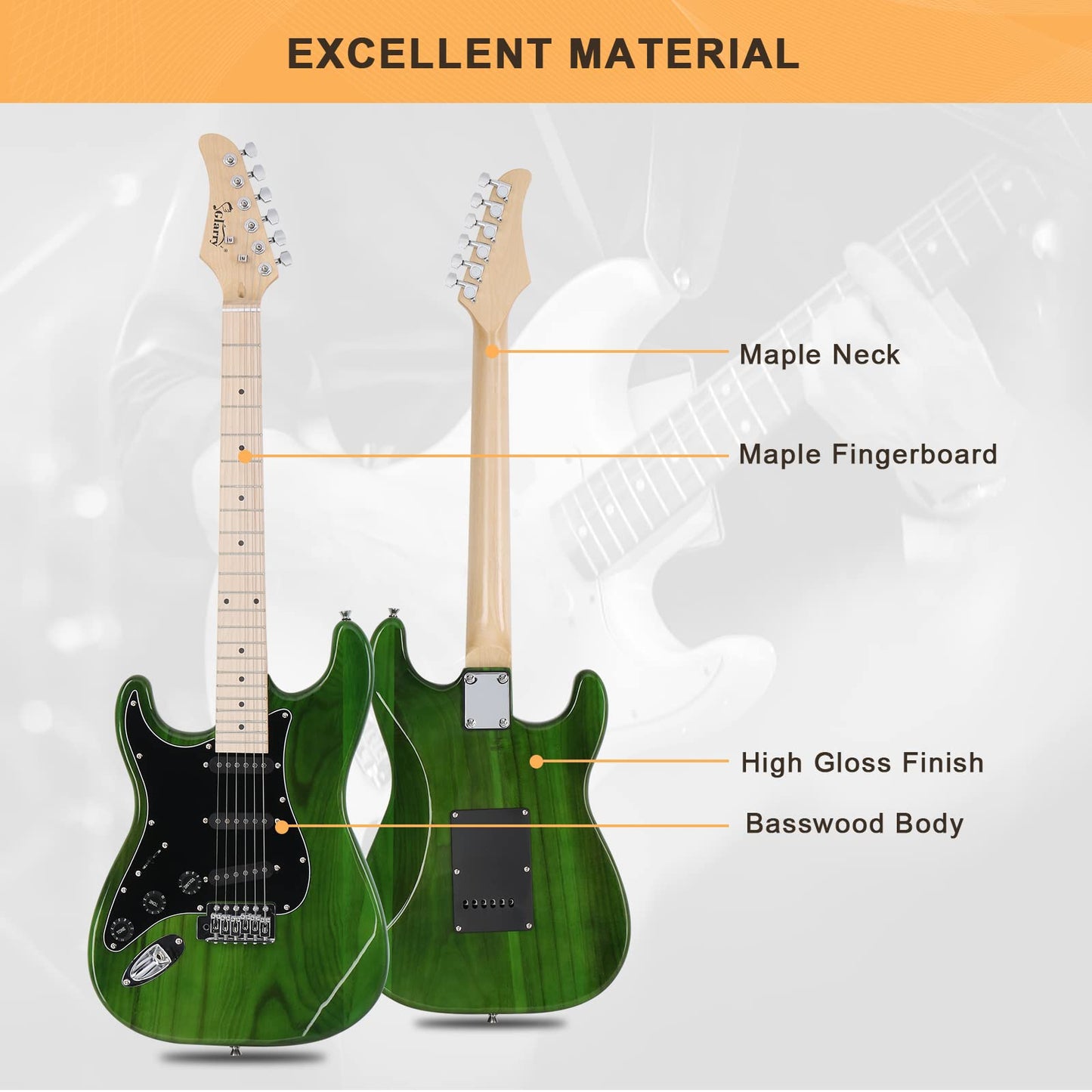 GLARRY Full Size Electric Guitar for Music Lover Beginner with 20W Amp and Accessories Pack Guitar Bag (Green)