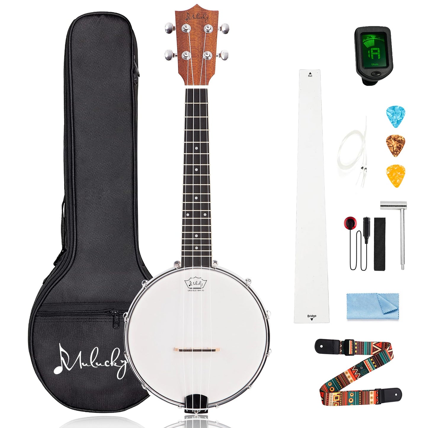 Mulucky 4-String Banjo Ukulele | 23" Sapele Wood with Remo Head &amp; Nylon Strings | Dark Brown Travel Kit (Bag, Tuner, Picks) - MBU-808