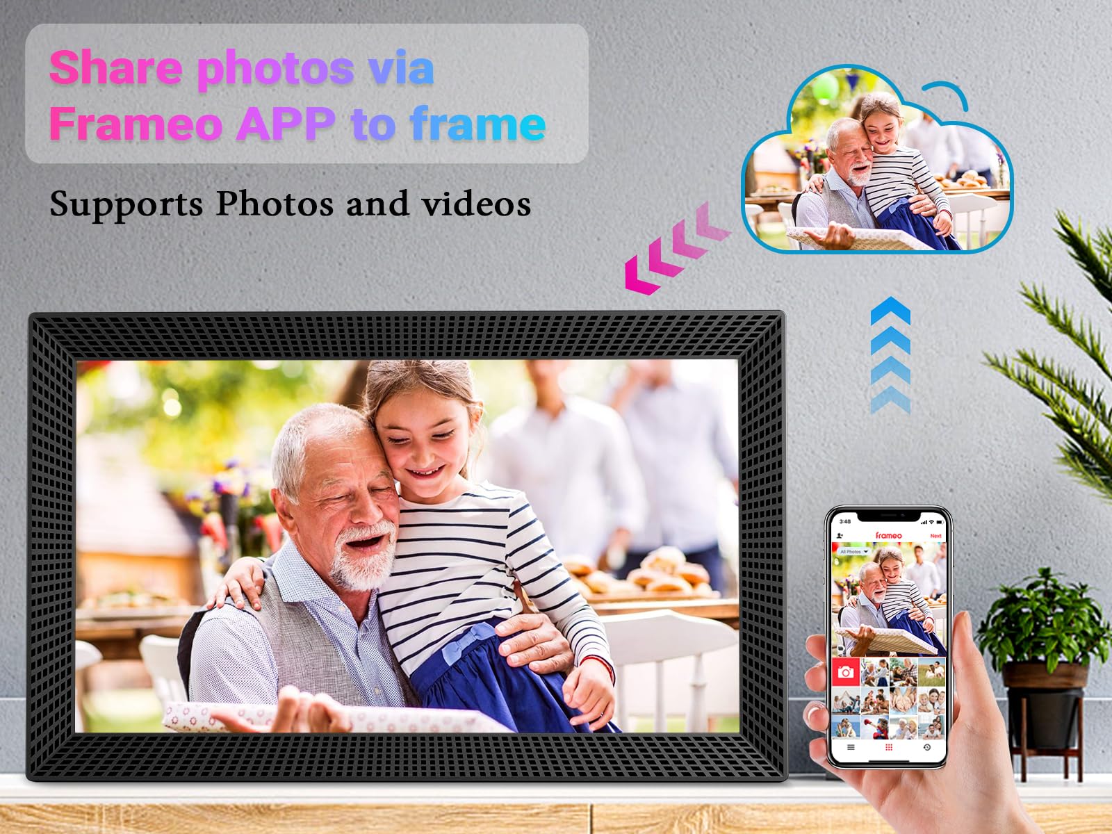 Frameo 10.1 Inch Smart WiFi Digital Picture Frame, 32GB Memory, 1280x800 HD IPS Touchscreen, Digital Photo Frame, Auto-Rotate, Wall Mountable, Share Moments from Anywhere, for Family, Friends-Black