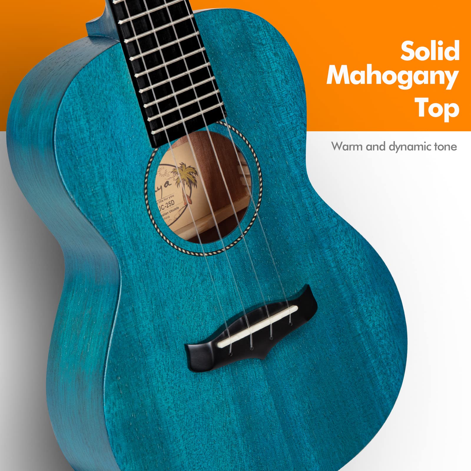 Enya Concert Ukulele 23 Inch Blue Solid Mahogany Top with Ukulele Starter Kit Includes Online Lessons, Tuner,Case, Strap, Strings, Capo, Sand Shaker, Pick,Polish Cloth (EUC-25D BU)