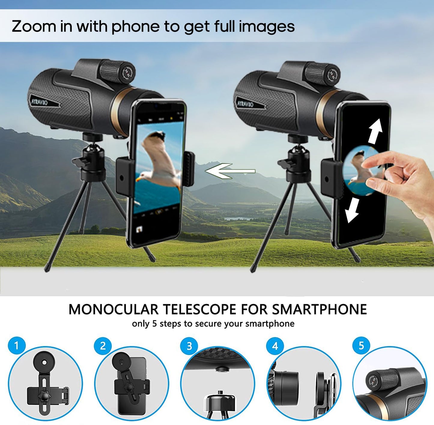 12x60 Monocular Telescope with Smartphone Holder &amp; Upgraded Tripod, High Powered SMC &amp; BAK4 Scope, Birthday Gifts for Men Dad Him Husband Teen, White Elephant Gift, Outdoors Survival Hiking Gear