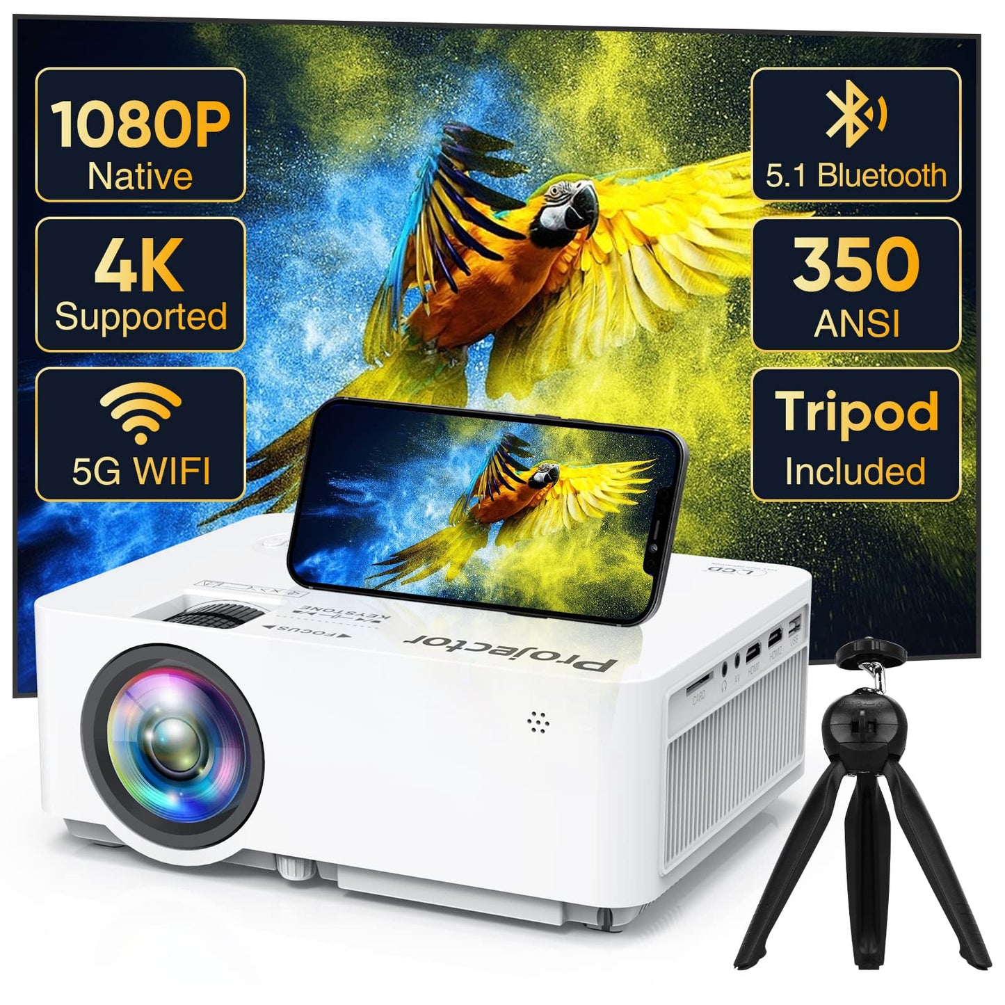 Native 1080P Projector with 5G WiFi Bluetooth and Tripod, 4K Supported Portable Home and Outdoor Movie Projector, Max 300" Display, Compatible with TV Stick, HDMI, Phone