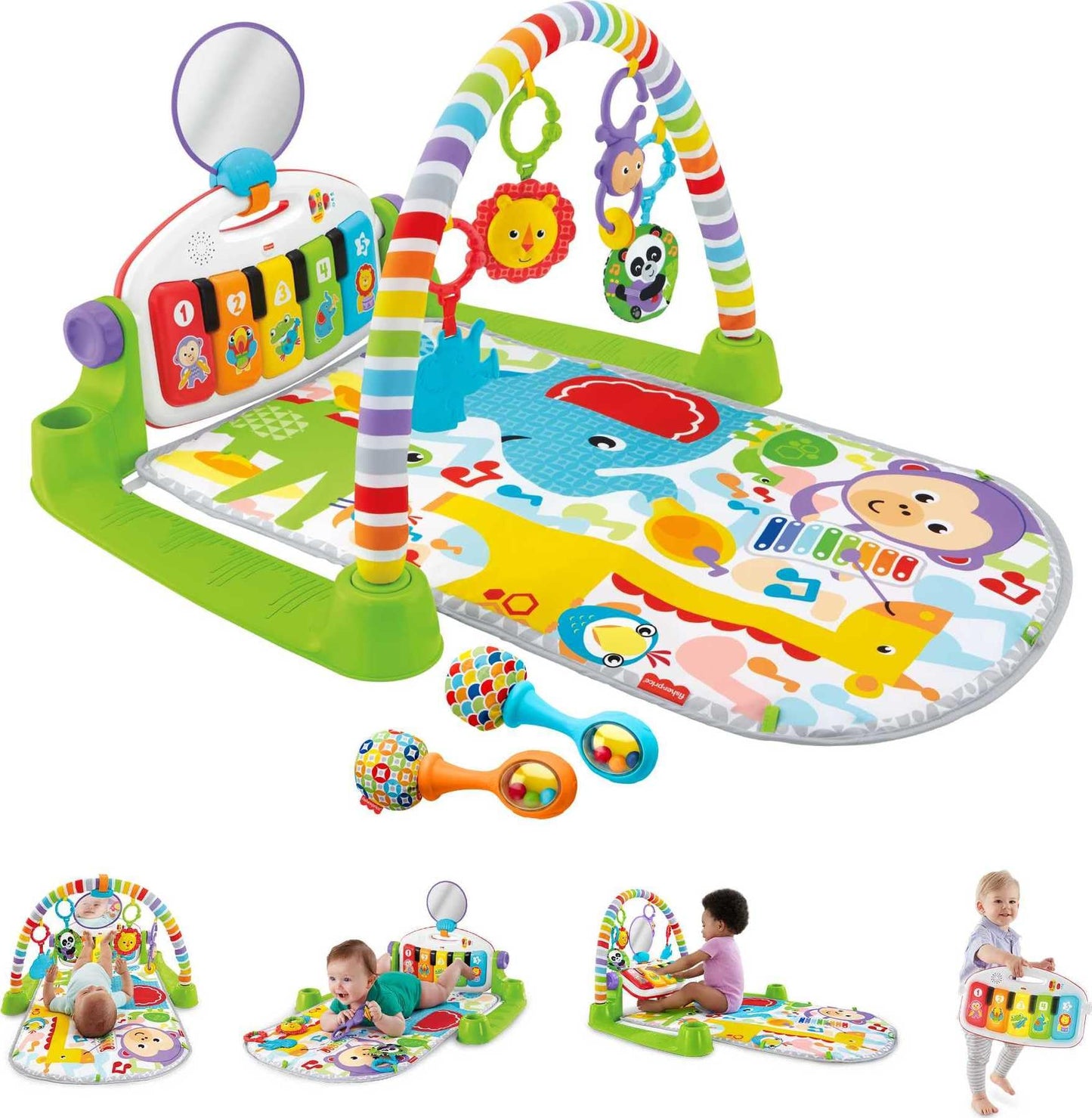 Fisher-Price Baby Gift Set Glow and Grow Kick &amp; Play Piano Gym Blue Playmat &amp; Musical Learning Toy with 2 Rattle Maracas for Newborns Ages 0+ Months