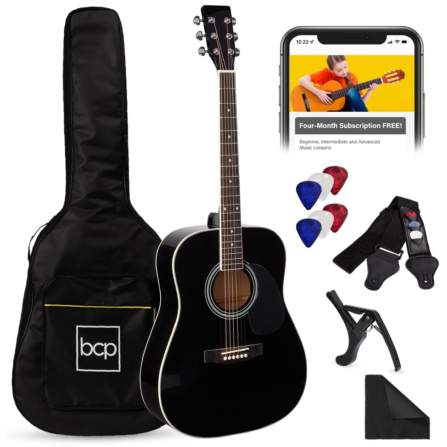 Best Choice Products 41in Full Size Beginner All Wood Acoustic Guitar Starter Set w/Gig Bag, Strap, Capo, Strings, Picks - Black