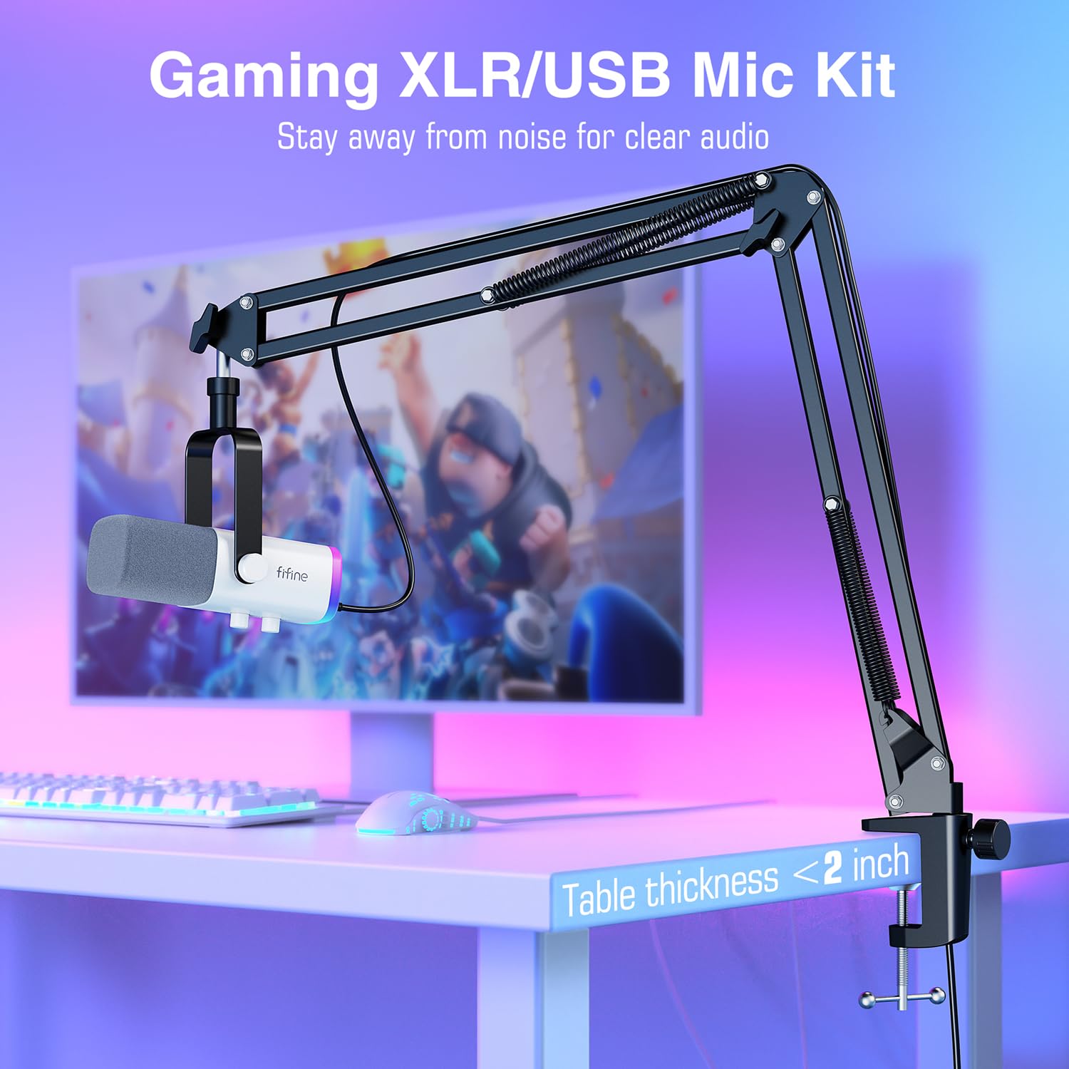 FIFINE XLR/USB Gaming Microphone Set, Dynamic PC Mic for Streaming Podcasting, Computer RGB Mic Kit with Boom Arm Stand, Mute Button, Headphones Jack, for Recording Vocal Voice-Over-AmpliGame AM8T