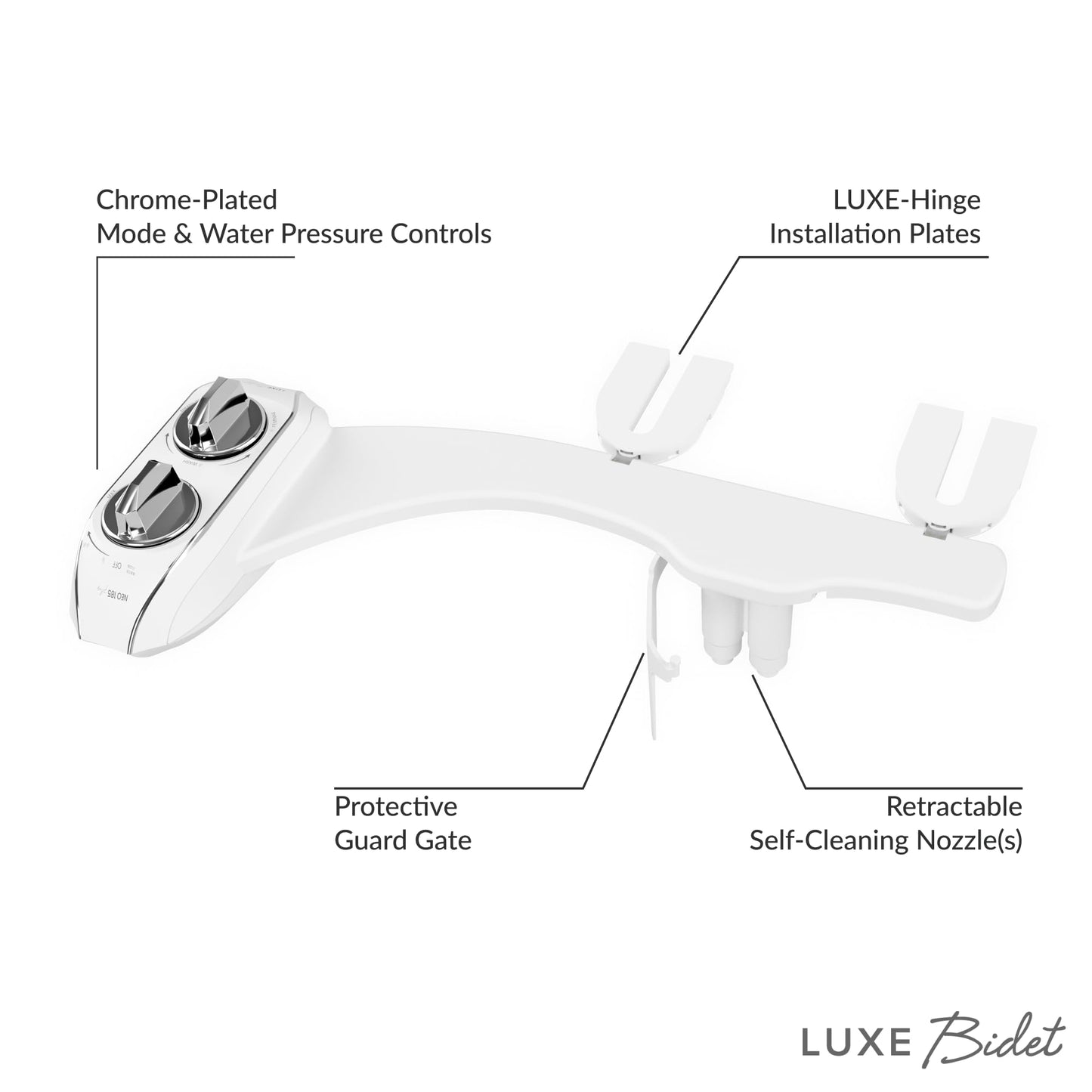 LUXE Bidet NEO 185 Plus - Patented Bidet Attachment for Toilet Seat, Innovative Hinges to Clean, Slide-in Easy Install, Advanced 360° Self-Clean, Dual Nozzles, Feminine &amp; Rear Wash (Chrome)